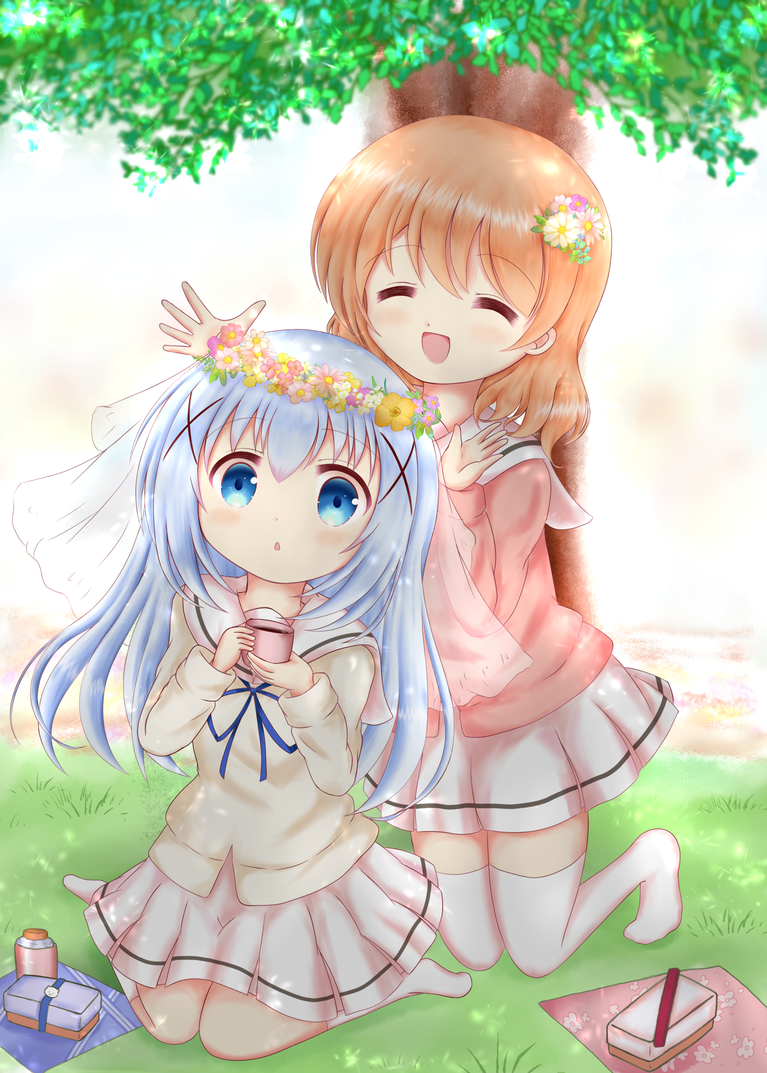 ichigoantenna, hoto cocoa, kafuu chino, gochuumon wa usagi desu ka?, highres, blue eyes, blue hair, blush, bottle, bush, chestnut mouth, closed eyes, cup, day, disposable cup, flower, flower wreath, grass, hair ornament, head wreath, kneeling, long hair, no shoes, on grass, on ground, open mouth, outdoors, picnic, plant, pleated skirt, rabbit, sailor collar, school uniform, shirt, sitting, skirt, smile, thermos, thighhighs, tree, very long hair, white sailor collar, white skirt, yellow flower