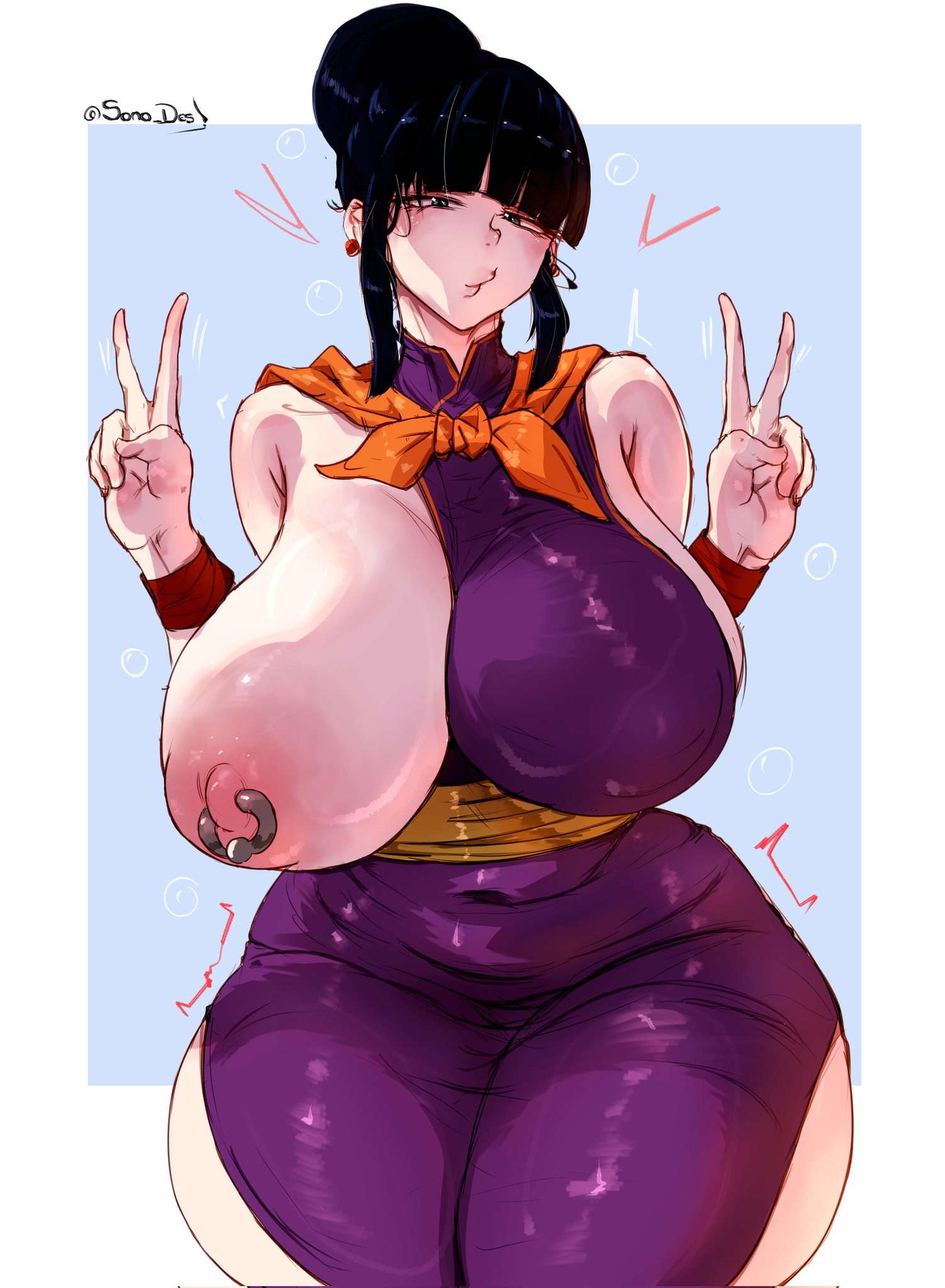 furan sonoda, chi-chi (dragon ball), dragon ball, dragonball z, highres, 1girl, alternate breast size (larger), artist name, bare shoulders, black hair, border, breasts, breasts out, closed mouth, curvy, earrings, female focus, jewelry, large breasts, legs together, looking at viewer, mature female, nipple piercing, peace symbol, piercing, simple background, thick thighs, thighs, white border, wide hips