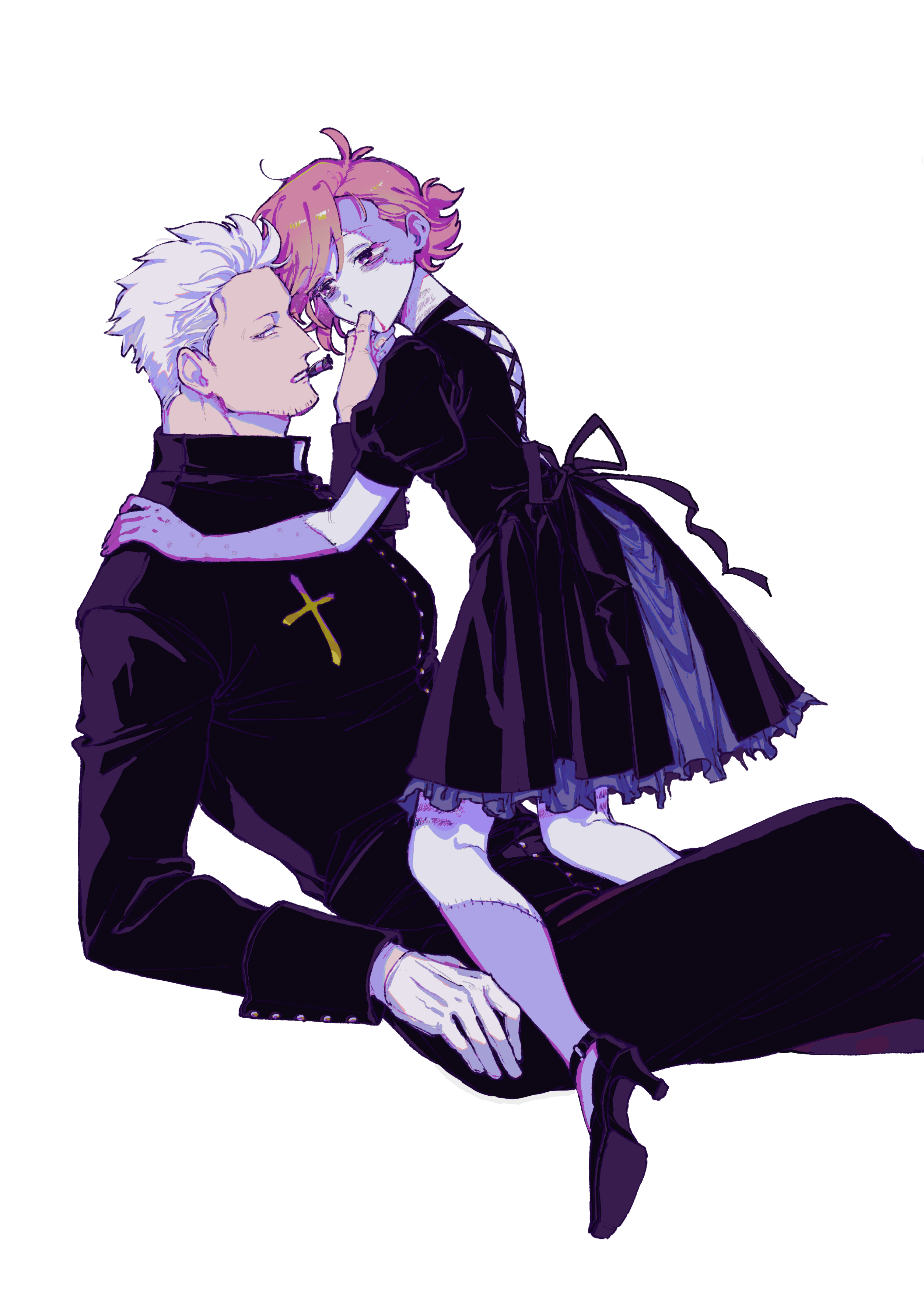 kabane (rjev8385), smoker (one piece), one piece, absurdres, commentary request, highres, 1boy, 1girl, alternate costume, back bow, biting another's finger, black dress, black pants, black shirt, black shoes, blood, blood on face, bow, buttons, cigar, cigarette burn, cross-laced clothes, cross-laced dress, dress, facial hair, frilled dress, frills, girl on top, gloves, goatee stubble, grey eyes, high heels, leg markings, long sleeves, looking at another, looking at viewer, medium dress, mouth hold, oc x canon, pale skin, pants, patchwork skin, pink hair, priest, puffy short sleeves, puffy sleeves, shirt, shoes, short hair, short sleeves, sideways glance, simple background, stitched face, stitches, stubble, swept bangs, tally, white background, white gloves, white hair, zombie, zombification