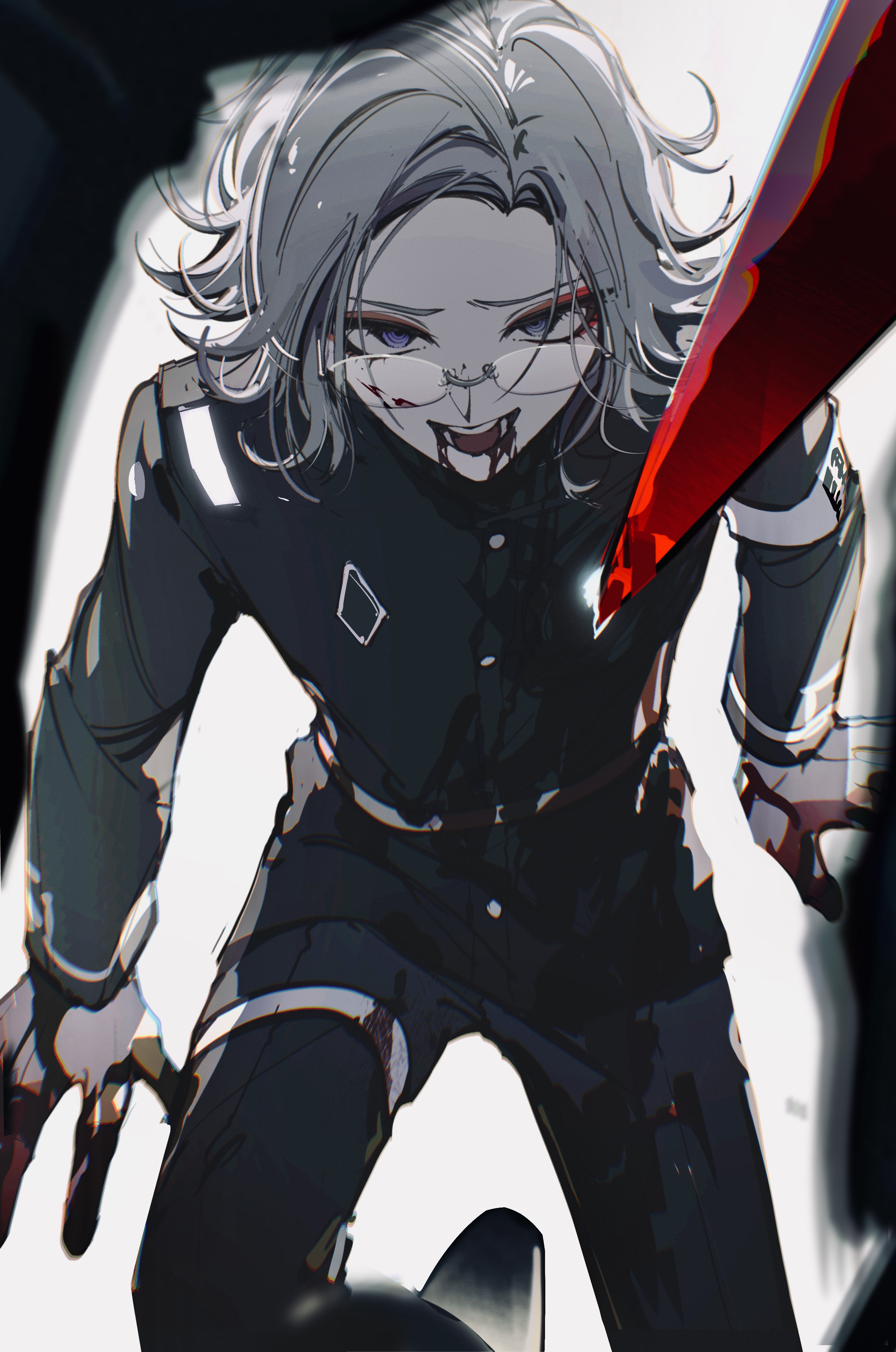 accookie, aotsuki eito, sumino takumi, the hundred line -last defense academy-, absurdres, highres, spoilers, 2boys, armband, black jacket, black pants, blood, blood from mouth, blood on clothes, blood on eyewear, blood on gloves, evil grin, evil smile, eyeliner, gakuran, glasses, gloves, grey hair, grin, invisible floor, jacket, last defense academy school uniform, looking at viewer, looking over eyewear, makeup, male focus, multiple boys, open mouth, out of frame, pants, pov, purple eyes, red eyeliner, school uniform, short hair, sitting, smile, solo focus, sword, upturned eyes, weapon, white armband, white background, white gloves