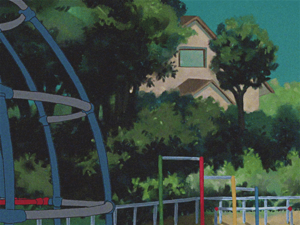 sapgoon, aubrey (faraway) (omori), aubrey (headspace) (omori), aubrey (omori), omori, animated, animated gif, 1990s (style), 2girls, arms up, blue eyes, blue hairband, blue shirt, bow, closed mouth, colored skin, dual persona, hair bow, hairband, house, jacket, jungle gym, long hair, long shirt, long sleeves, looking at viewer, multiple girls, outdoors, pink bow, pink hair, playground, purple eyes, purple hair, retro artstyle, shirt, short sleeves, smile, t-shirt, tree, white jacket, white skin, window