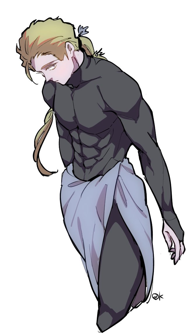 edgar roni figaro, final fantasy, final fantasy vi, 1boy, black bodysuit, blonde hair, blue sarong, bodysuit, bridal gauntlets, closed mouth, covered abs, cowboy shot, cropped legs, katoufeb5, long hair, low ponytail, male focus, muscular, muscular male, ponytail, sarong, side slit, solo, tight clothes, white background