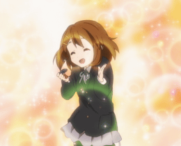 hirasawa yui, k-on!, animated, animated gif, anime screenshot, lowres, non-web source, 00s, 1girl, bishie sparkle, brown hair, bubble, castanets, closed eyes, dancing, female focus, hair ornament, hairclip, happy state, instrument, pantyhose, school uniform, short hair, smile, solo, un tan