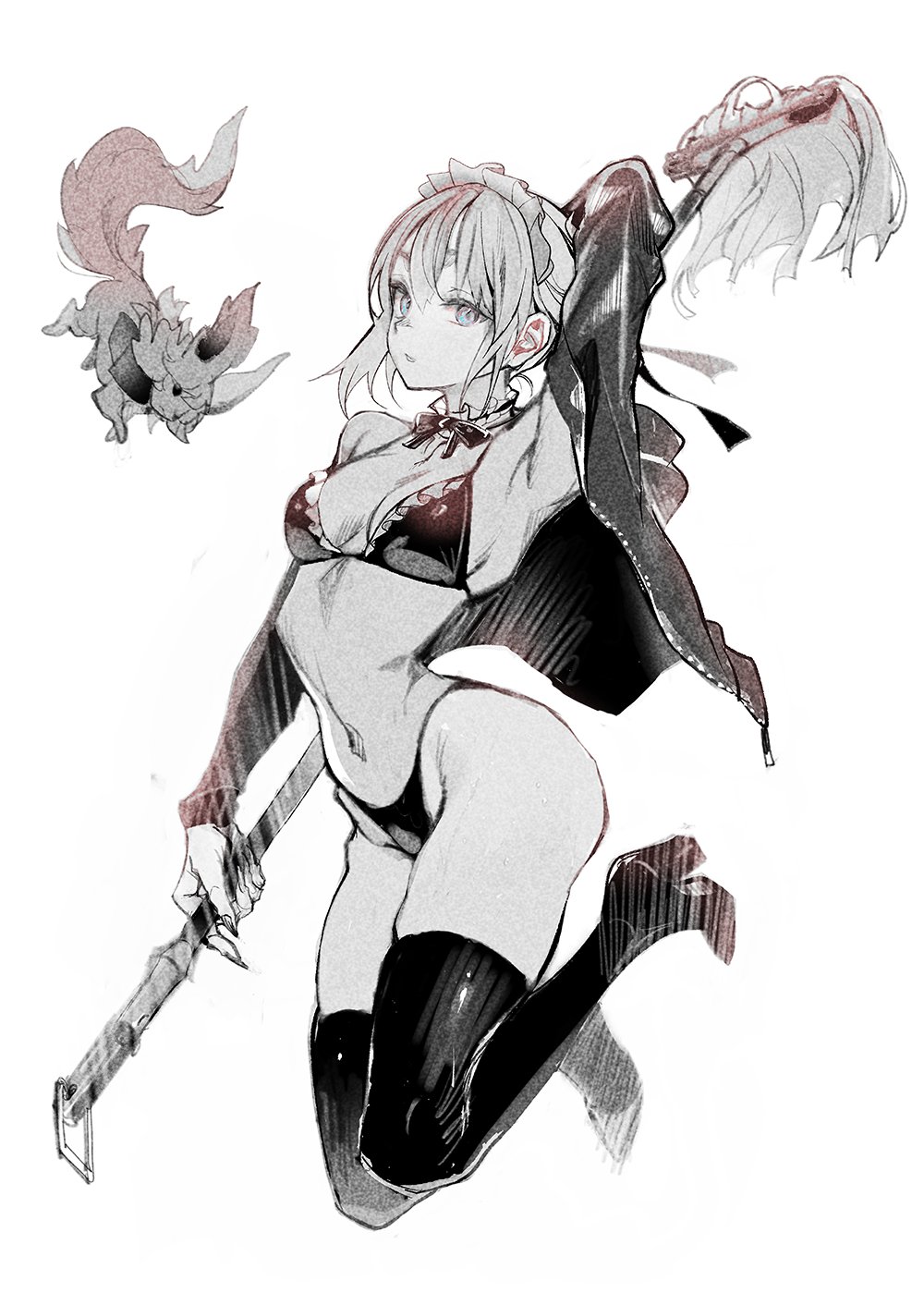 suishougensou, fou, fou (fate), fate/grand order, fate (series), highres, 1girl, bikini, black thighhighs, boots, breasts, cleavage, full body, holding, holding mop, jacket, long hair, long sleeves, looking at viewer, maid, maid headdress, medium breasts, midair, monochrome, mop, navel, open clothes, open jacket, parted lips, sidelocks, simple background, swimsuit, thigh boots, thighhighs, white background