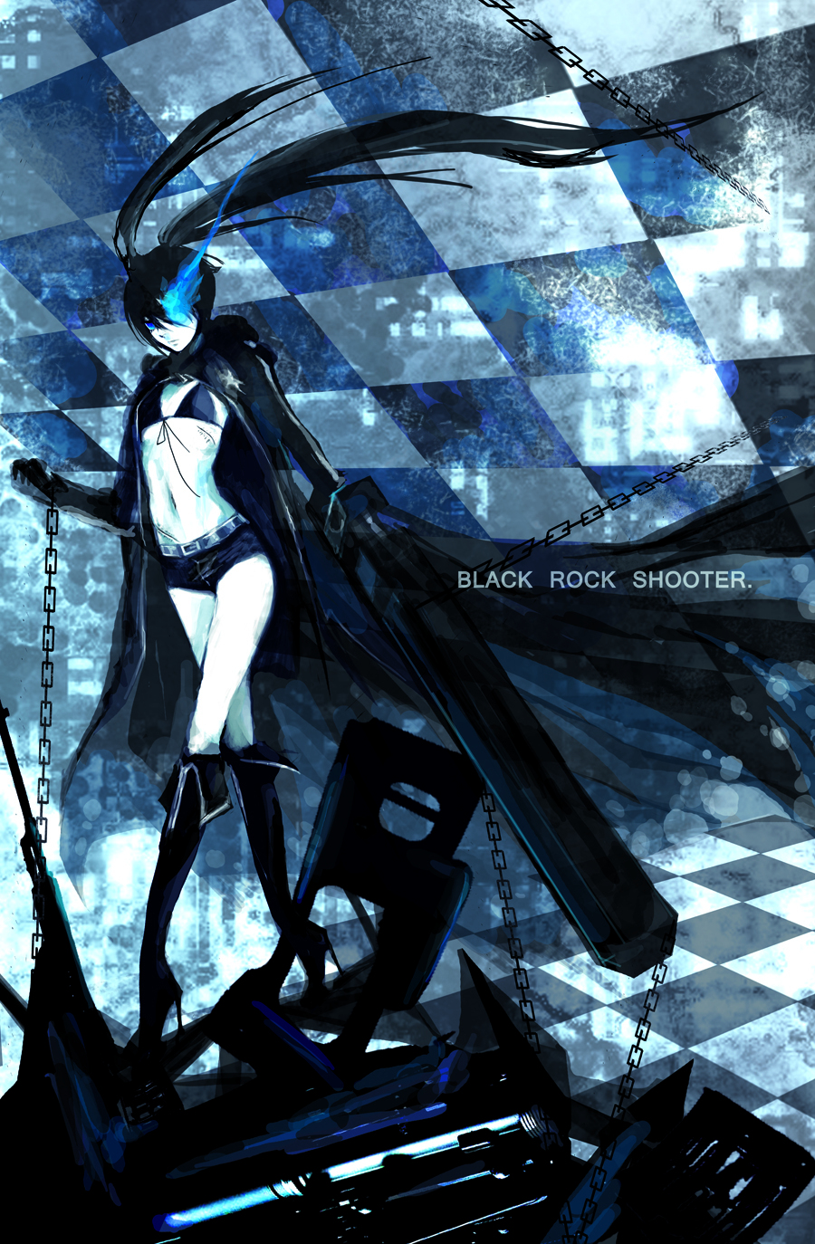 fishine, black rock shooter (character), black rock shooter, bad id, bad pixiv id, highres, 10s, arm cannon, bikini, bikini top only, chain, glowing, glowing eyes, high heels, huge weapon, long hair, pale skin, scar, shoes, solo, swimsuit, twintails, weapon