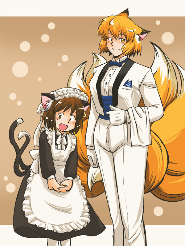azuki osamitsu, chen, yakumo ran, touhou, 2girls, alternate costume, animal ears, apron, blonde hair, bow, bowtie, brown eyes, brown hair, butler, cat ears, cat girl, cat tail, crossdressing, crossdressing (ftm), earrings, enmaided, female butler, female focus, formal clothes, fox ears, fox tail, gloves, hat, heterochromia, jewelry, kitsune, kyuubi, long sleeves, maid, maid apron, multiple girls, multiple tails, no headwear, pantyhose, short hair, single earring, tail, traditional bowtie, white gloves, yellow eyes