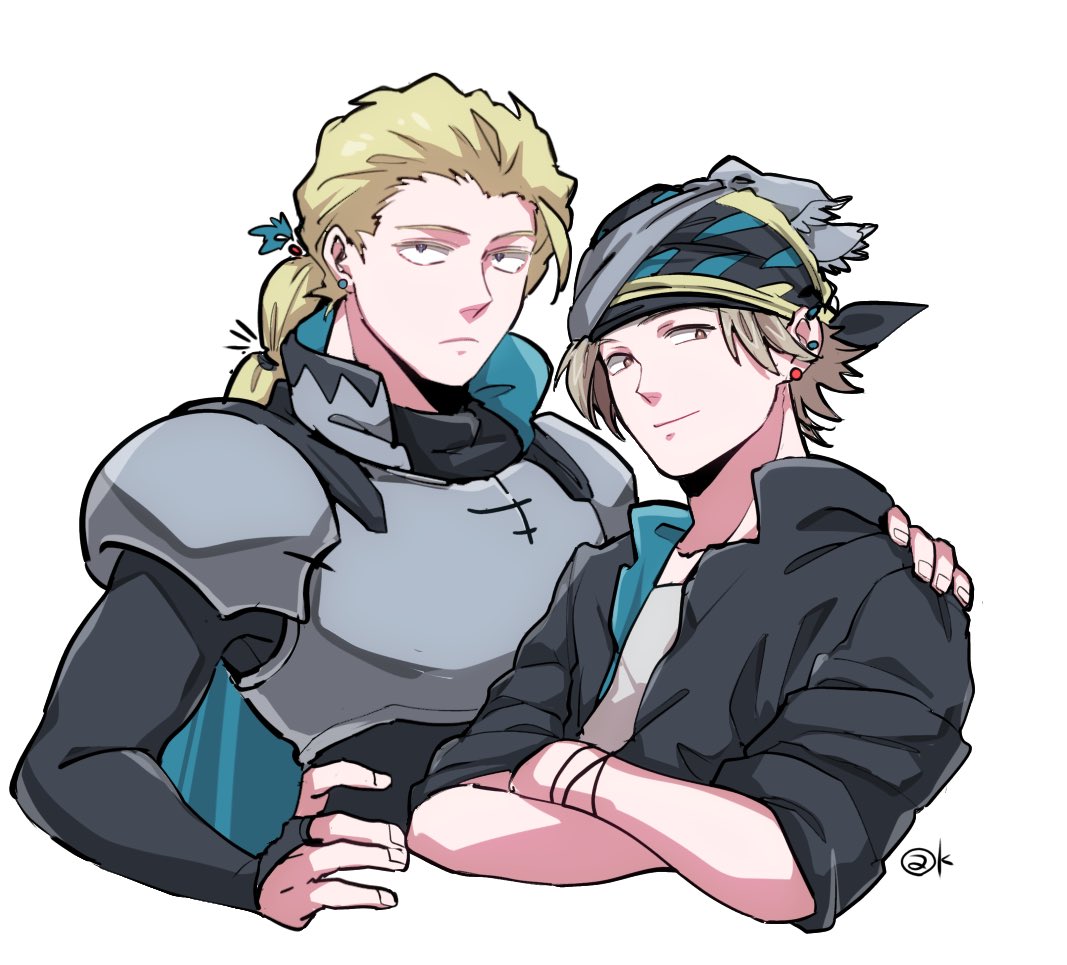 edgar roni figaro, locke cole, final fantasy, final fantasy vi, 2boys, arm around shoulder, armor, black bodysuit, black jacket, blonde hair, blue cape, bodysuit, breastplate, bridal gauntlets, brown eyes, cape, closed mouth, cropped torso, crossed arms, earrings, grey hair, hand on own hip, headscarf, jacket, jewelry, katoufeb5, light frown, light smile, long hair, male focus, multi-tied hair, multiple boys, parted lips, pauldrons, shirt, short hair, shoulder armor, upper body, white background, white shirt