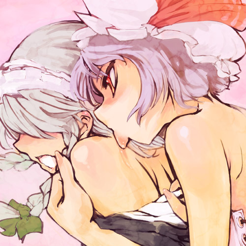 rokumen saikoro, izayoi sakuya, remilia scarlet, embodiment of scarlet devil, touhou, silver hair, lowres, 2girls, blue hair, braid, female focus, from behind, hairband, hat, licking, multiple girls, red eyes, short hair, twin braids, yuri