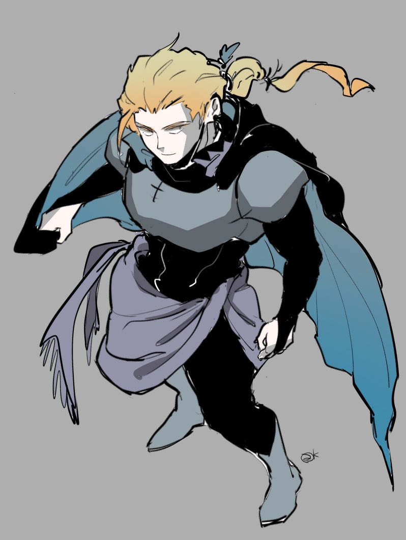 edgar roni figaro, final fantasy, final fantasy vi, 1boy, armor, black bodysuit, blonde hair, blue cape, bodysuit, boots, breastplate, bridal gauntlets, cape, closed mouth, from above, full body, grey background, grey boots, katoufeb5, light smile, long hair, male focus, multi-tied hair, sash, shoulder armor, solo, waist sash