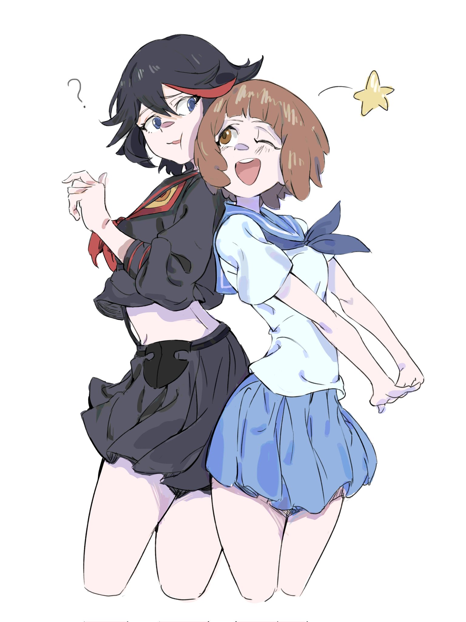 mankanshoku mako, matoi ryuuko, senketsu, kill la kill, highres, 2girls, :d, ?, black hair, black shirt, black skirt, blue eyes, blue neckerchief, blue sailor collar, blue skirt, breasts, brown eyes, brown hair, cropped legs, honnoji academy school uniform, midriff, multiple girls, neckerchief, one eye closed, open mouth, pleated skirt, red neckerchief, red streaks, sailor collar, school uniform, senryu3535, shirt, short hair, simple background, skirt, smile, white background, white shirt, wink star