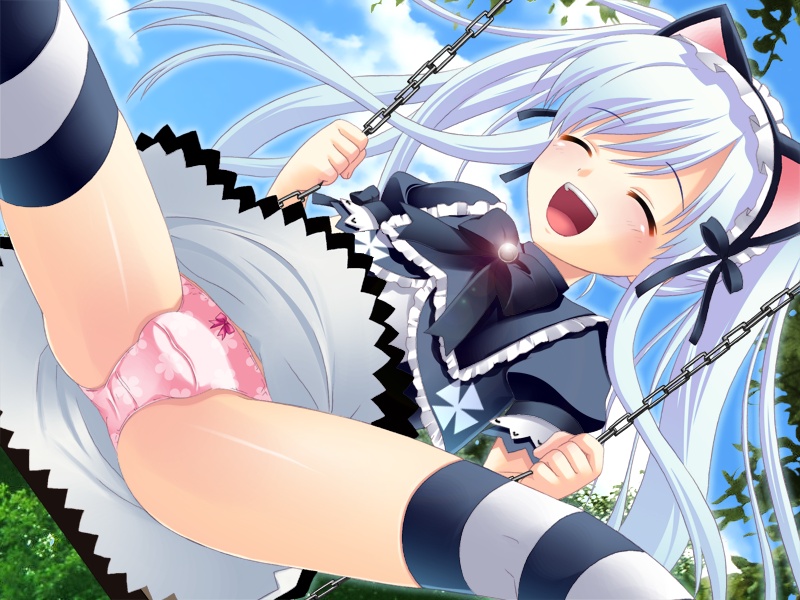 tendouin ui, pure my imouto milk purun, game cg, 1boy, androgynous, animal ears, bow, bow panties, bulge, cat ears, chain, closed eyes, cloud, crossdressing, crossdressing (mtf), dress, fake animal ears, frills, happy, headband, lolita fashion, long hair, male focus, open mouth, panties, pantyshot, pink panties, shota, sky, smile, solo, spread legs, striped clothes, striped thighhighs, thighhighs, tongue, trap, underwear, white hair