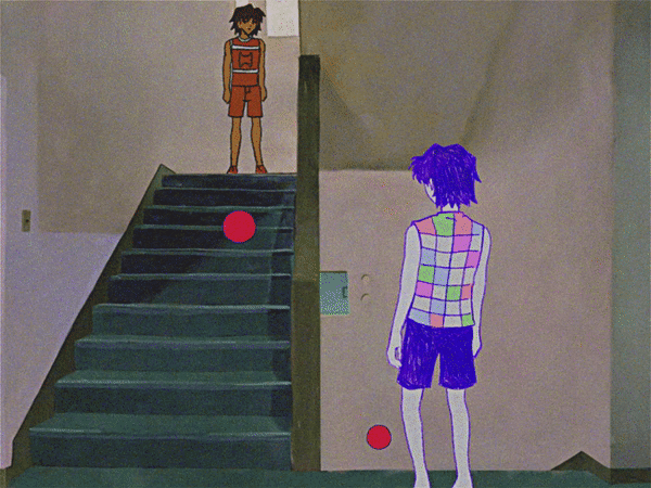 sapgoon, kel (faraway) (omori), kel (headspace) (omori), kel (omori), omori, animated, animated gif, 1990s (style), 2boys, brown hair, checkered clothes, colored skin, dark-skinned male, dark skin, dual persona, indoors, male focus, multiple boys, orange shoes, orange shorts, purple hair, purple shorts, retro artstyle, shoes, short hair, shorts, sneakers, stairs, tank top, white skin