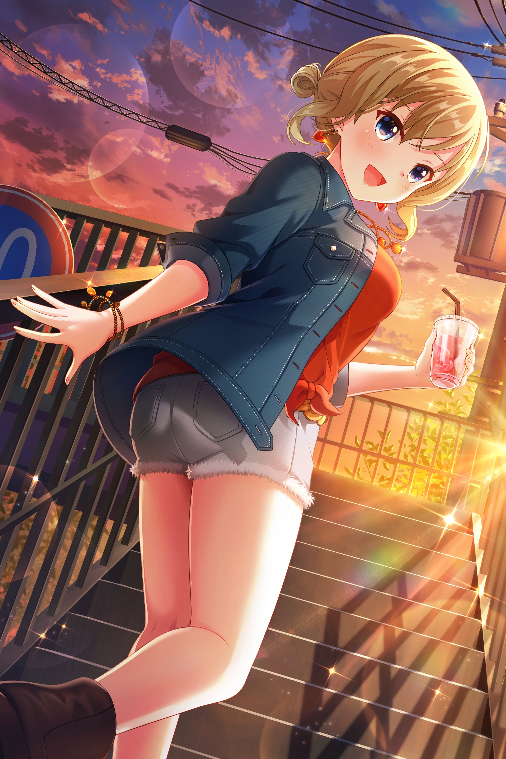 sylvia richter, alternative girls, absurdres, commentary request, highres, official art, second-party source, 1girl, :d, alternate hairstyle, ass, blonde hair, blue eyes, blue jacket, blush, bracelet, breasts, brown shoes, cloud, cloudy sky, cup, denim, denim jacket, disposable cup, drink, earrings, evening, floating earrings, from behind, from below, fur-trimmed shorts, fur trim, gem, gradient sky, grey shorts, hair rings, hair up, heart, heart earrings, holding, holding cup, jacket, jewelry, lens flare, looking back, medium breasts, open mouth, orange gemstone, outdoors, purple sky, railing, red shirt, red sky, road sign, shirt, shoes, short shorts, shorts, sign, single hair ring, sky, smile, solo, sparkle, stairs, tied shirt