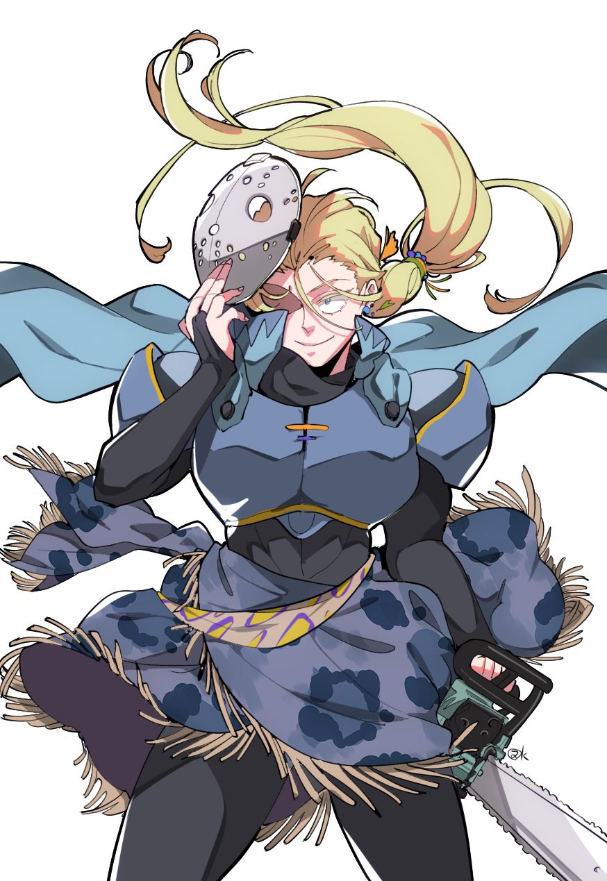 edgar roni figaro, jason voorhees, final fantasy, final fantasy vi, highres, 1boy, armor, black bodysuit, blonde hair, blue cape, blue eyes, bodysuit, breastplate, bridal gauntlets, cape, chainsaw, closed mouth, cosplay, cowboy shot, hair between eyes, hockey mask, holding, holding chainsaw, holding mask, jason voorhees (cosplay), katoufeb5, long hair, male focus, mask, multi-tied hair, sash, shoulder armor, smile, solo, waist sash, white background