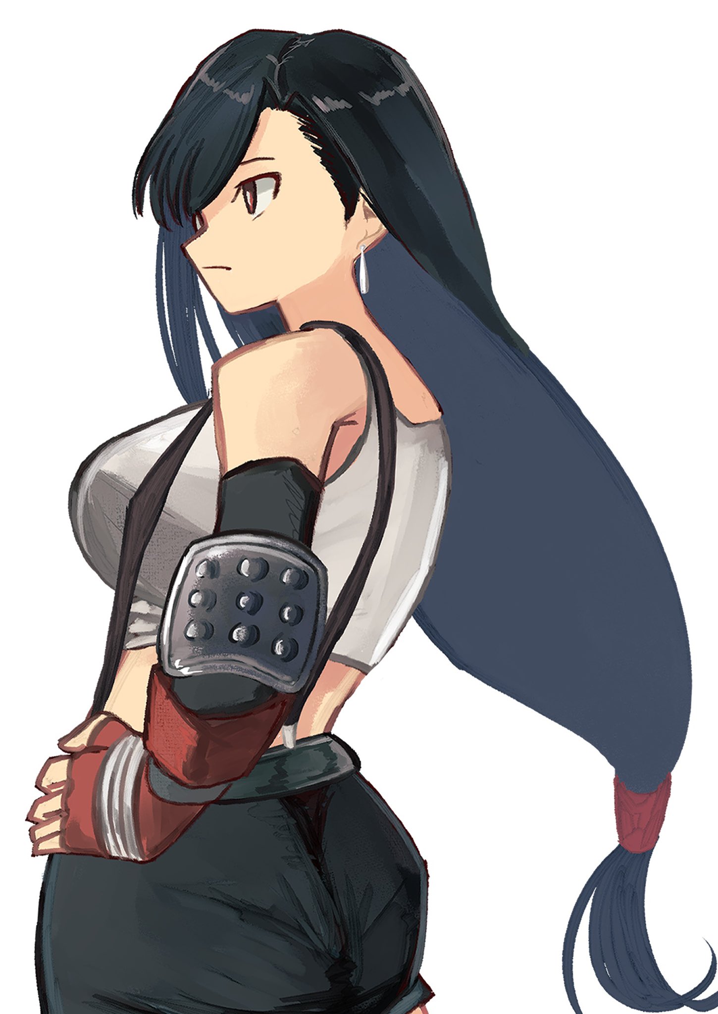 tikuwabu 33, tifa lockhart, final fantasy, final fantasy vii, highres, 1girl, bare shoulders, belt, black gloves, black hair, black skirt, breasts, brown eyes, closed mouth, crop top, earrings, elbow gloves, elbow pads, fingerless gloves, gloves, grey belt, hair tie, hand on own hip, jewelry, large breasts, light frown, long hair, low-tied long hair, midriff, miniskirt, red gloves, shirt, single elbow pad, skirt, sleeveless, sleeveless shirt, solo, suspenders, swept bangs, upper body, white background, white shirt