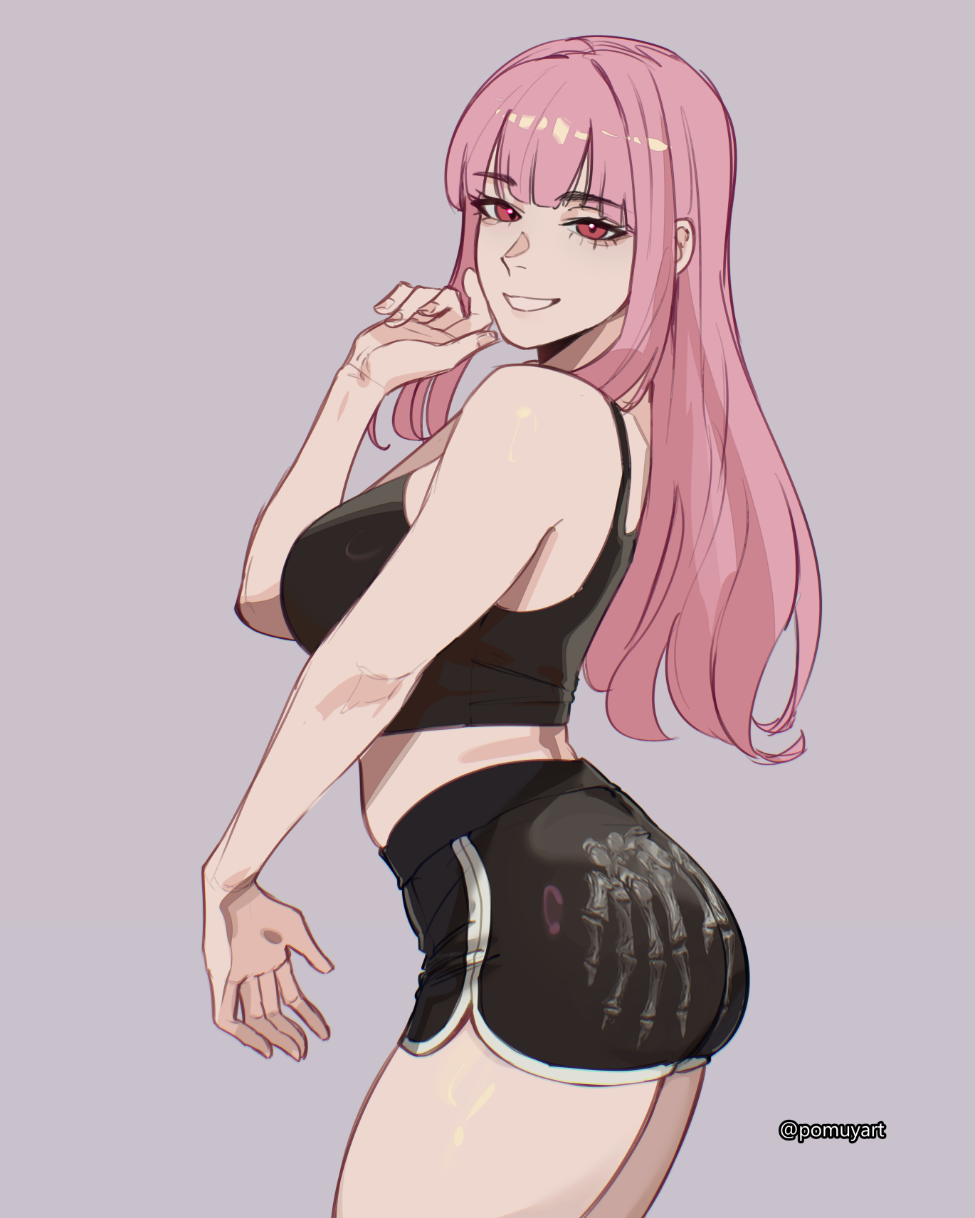 pomuya, mori calliope, hololive, hololive english, commentary, english commentary, highres, 1girl, :d, bare arms, black tank top, blunt bangs, breasts, crop top, dolphin shorts, from side, grey background, grin, hand up, large breasts, long hair, looking at viewer, open mouth, pink eyes, pink hair, short shorts, shorts, sidelocks, simple background, smile, solo, tank top, virtual youtuber