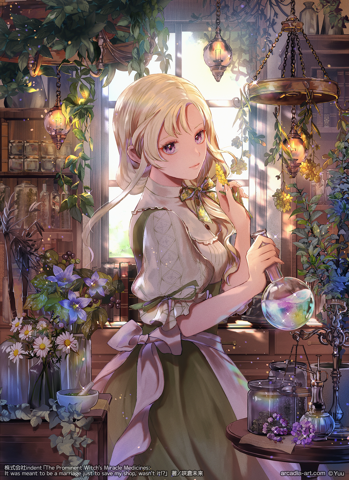 yuu (arcadia), commentary request, copyright request, highres, official art, 1girl, alchemy, apron, bib collar, blonde hair, blue flower, book, bow, closed mouth, day, dress, fantasy, feet out of frame, flask, floral print, flower, frilled sleeves, frills, glass jar, glint, green bow, hair bow, hands up, holding, holding flask, indoors, light particles, long hair, looking at viewer, looking to the side, pink eyes, plant, print bow, smile, solo, swept bangs, three-quarter sleeves, turning head, two-tone dress, vase, waist apron, white apron, white flower, window