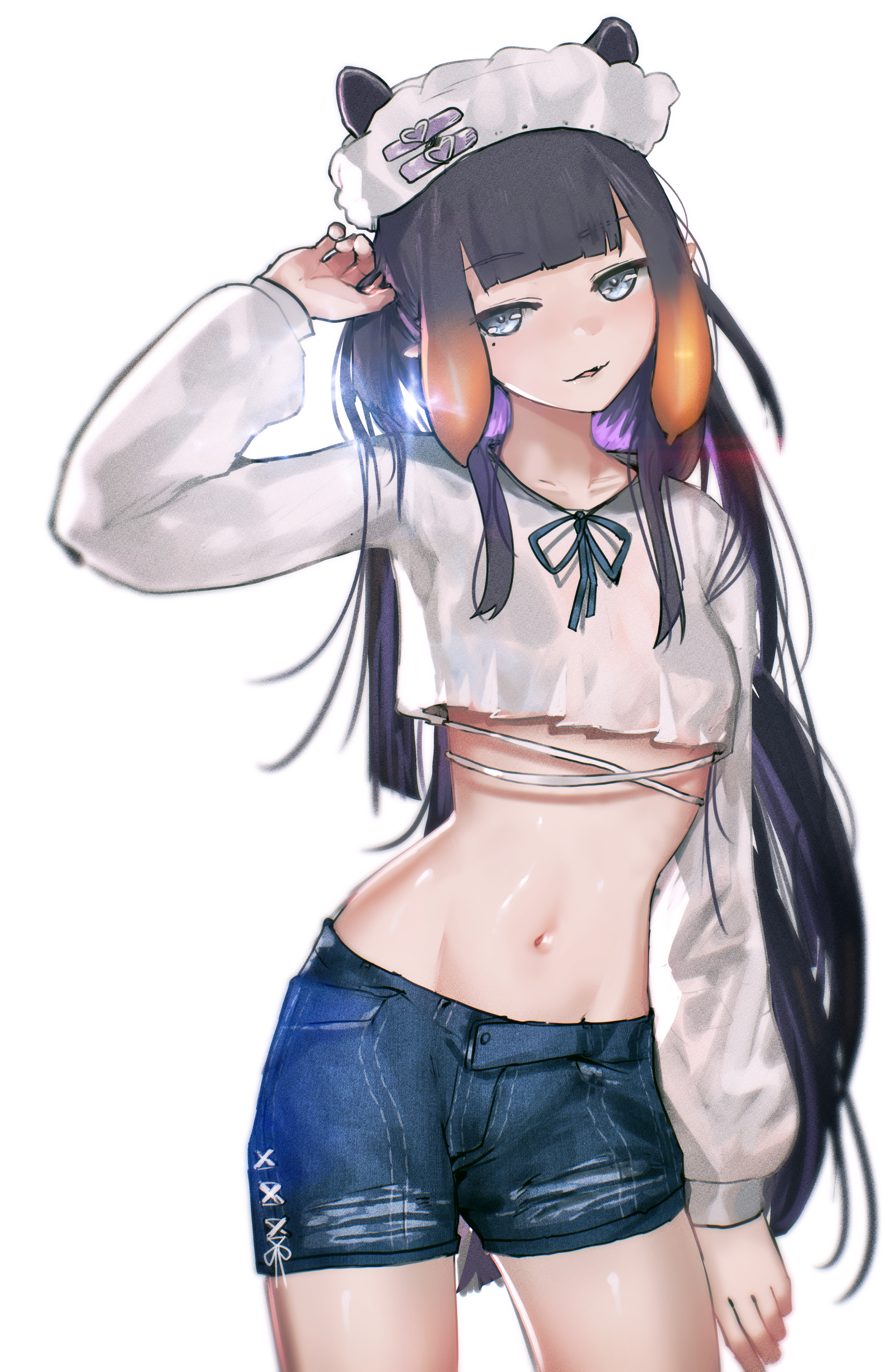 advarcher, ninomae ina'nis, takanashi kiara, hololive, hololive english, absurdres, highres, 1girl, black hair, blue shorts, breasts, colored inner hair, cosplay, crop top, denim, denim shorts, gradient hair, half-closed eyes, hat, long hair, mole, mole under eye, multicolored hair, navel, orange hair, pointy ears, purple hair, shirt, shorts, simple background, small breasts, solo, takanashi kiara (cosplay), tentacle hair, virtual youtuber, white background, white hat, white shirt