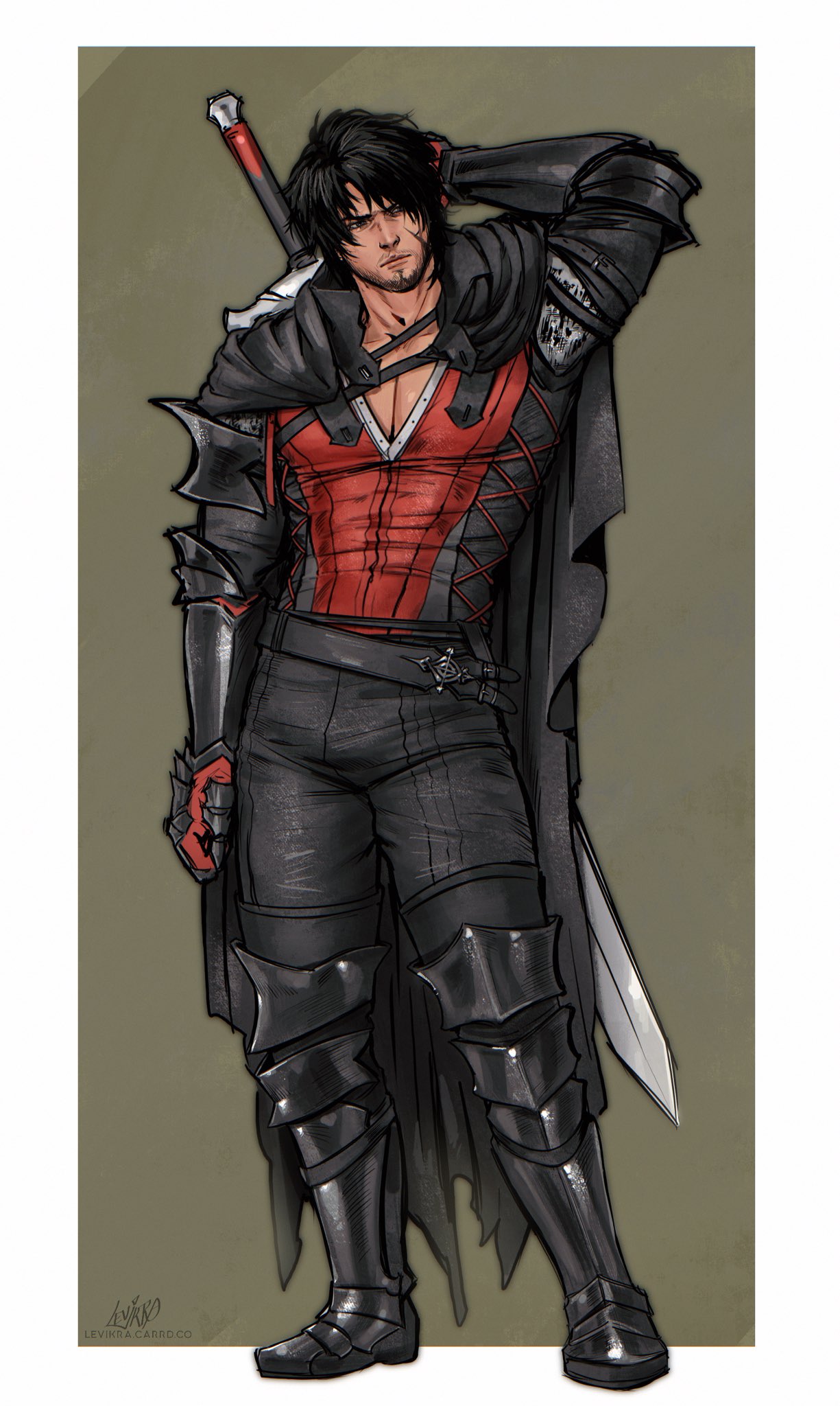 1varkeliee, clive rosfield, final fantasy, final fantasy xvi, commentary, english commentary, highres, 1boy, arm behind head, armor, armored boots, armored gloves, beard stubble, black armor, black cloak, black hair, black pantyhose, boots, border, cloak, closed mouth, facial hair, facial mark, full body, furrowed brow, grey background, male focus, muscular, muscular male, outside border, pantyhose, pectoral cleavage, pectorals, red vest, short hair, solo, standing, stubble, sword, sword on back, vest, weapon, weapon on back, white border