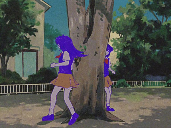 sapgoon, mari (headspace) (omori), mari (omori), omori, animated, animated gif, 2girls, brown skirt, closed mouth, collared shirt, colored skin, dual persona, fence, long hair, multiple girls, neckerchief, outdoors, purple eyes, purple hair, purple shoes, purple sweater vest, red neckerchief, running, shirt, shoes, short sleeves, skirt, socks, sweater vest, tree, white shirt, white skin, white socks