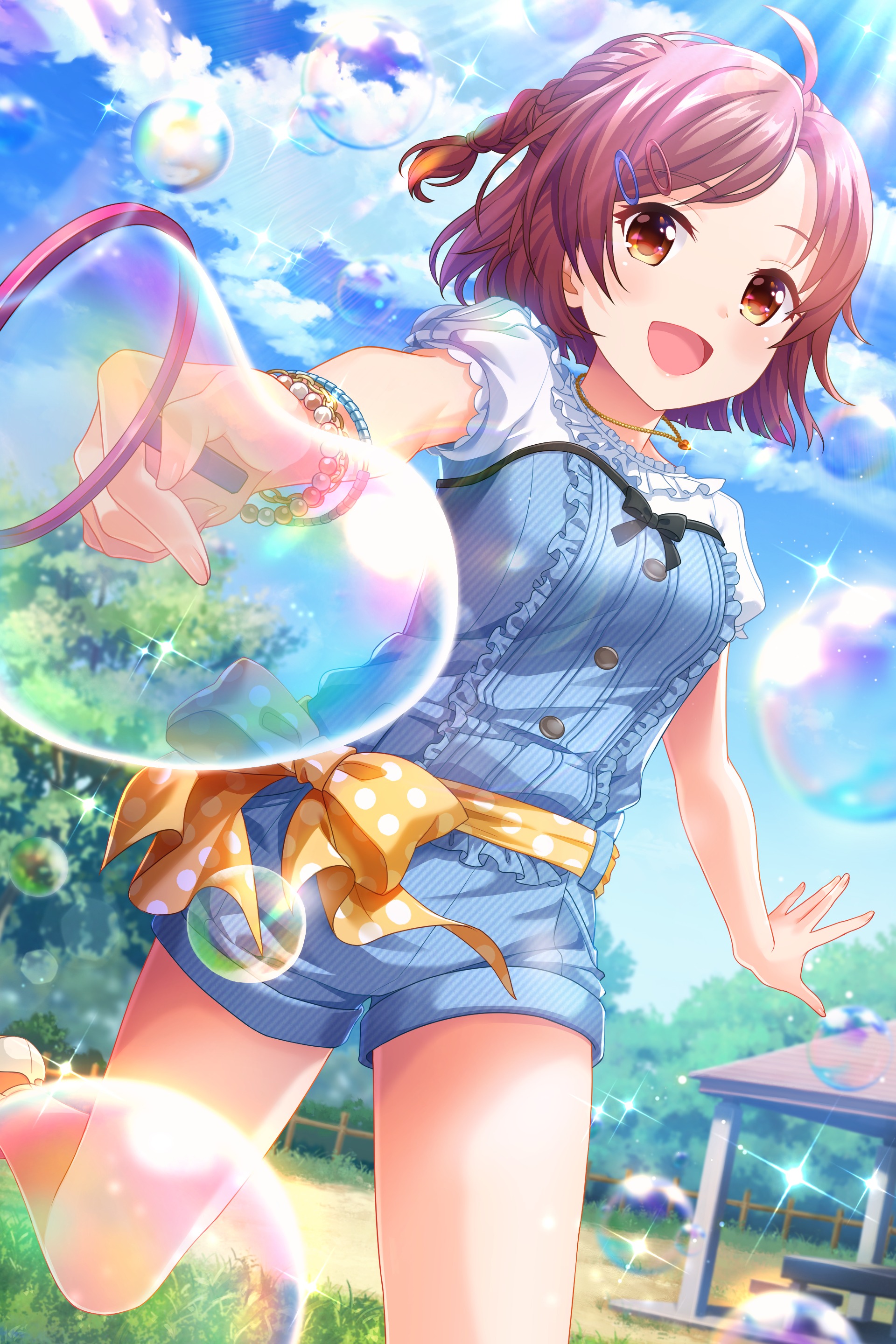 yuuki miyaka, alternative girls, absurdres, commentary request, highres, official art, second-party source, 1girl, :d, ahoge, bench, blue shirt, blue shorts, blue sky, blush, bracelet, breasts, bubble, bubble wand, cloud, cloudy sky, day, dutch angle, fence, frilled shirt, frills, gazebo, hair ornament, hairclip, holding, jewelry, medium breasts, necklace, open mouth, orange eyes, outdoors, polka dot, polka dot ribbon, red hair, ribbon, shirt, short hair, short sleeves, shorts, sky, smile, solo, sparkle, standing, standing on one leg, sunlight, table, tree, two-tone shirt, waist ribbon, white shirt, yellow ribbon