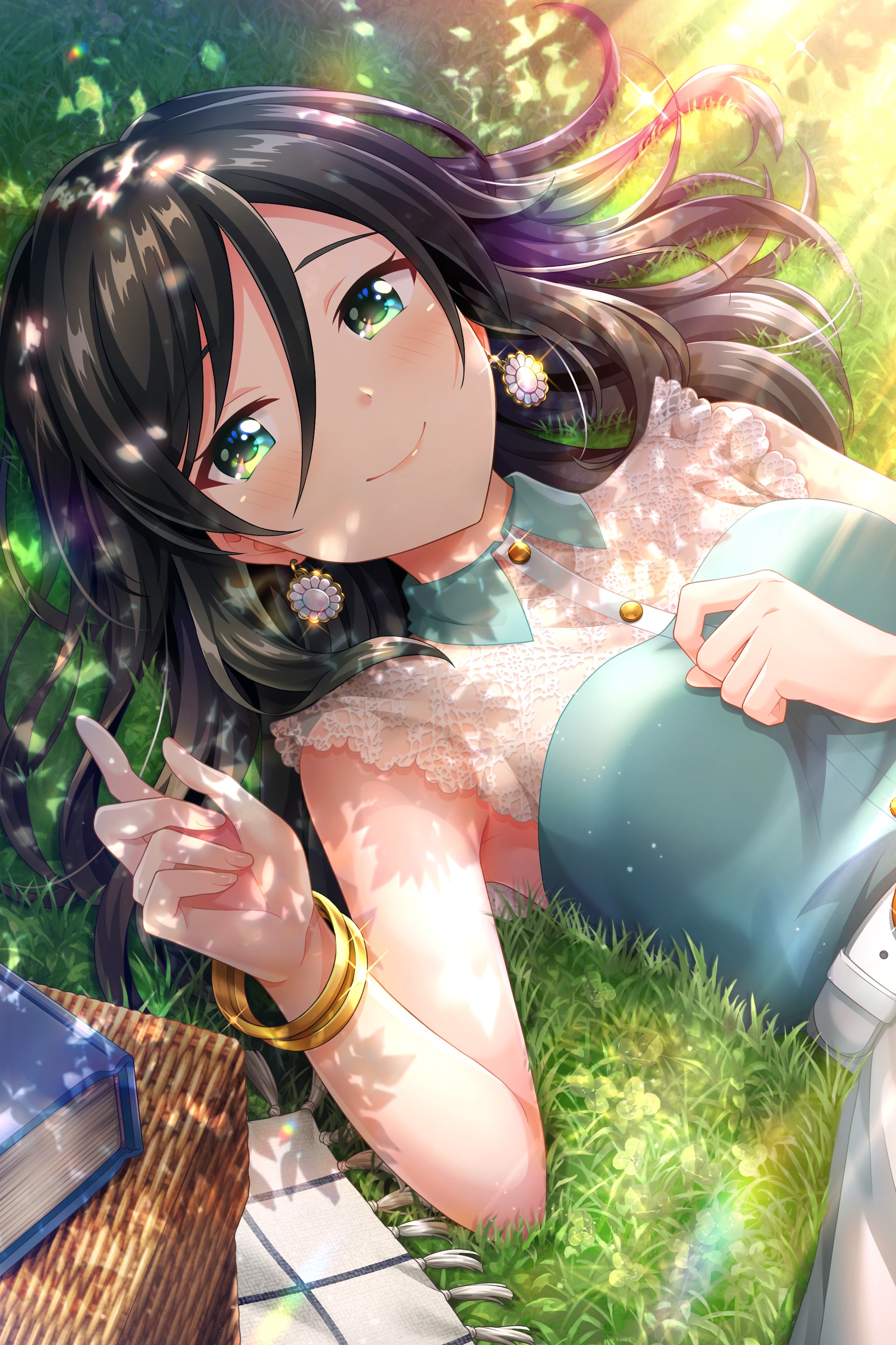yukishiro wakana, alternative girls, absurdres, commentary request, highres, official art, second-party source, 1girl, black hair, blanket, blush, book, bracelet, breasts, buttons, closed mouth, dress, earrings, floating earrings, flower earrings, gold bracelet, grass, green dress, green eyes, hair between eyes, hand on own chest, hand up, jewelry, long hair, looking at viewer, lying, medium breasts, on back, outdoors, picnic basket, sleeveless, sleeveless dress, smile, solo, sunlight, wicker basket