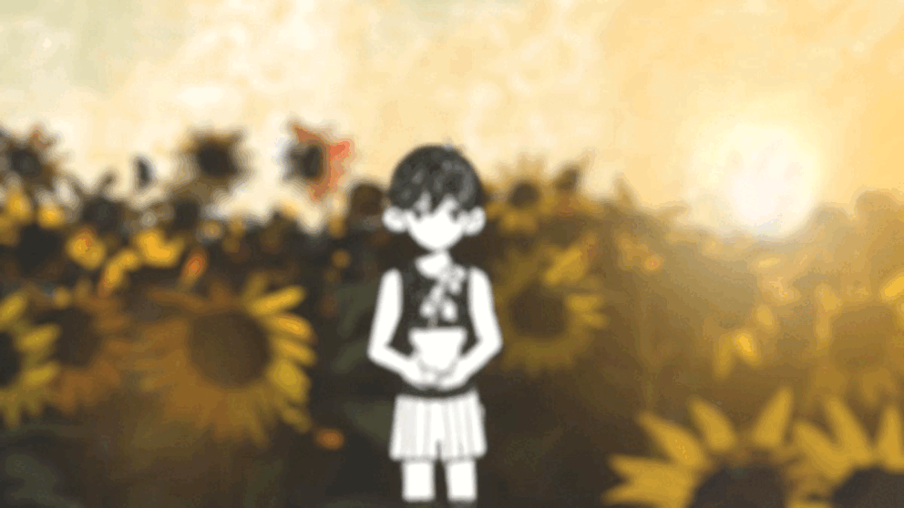 sapgoon, omori (omori), omori, animated, animated gif, 1boy, antenna hair, black eyes, black hair, black tank top, black thighhighs, closed mouth, colored skin, double-parted bangs, expressionless, flower, flower pot, hair between eyes, holding, holding flower pot, lily of the valley, looking at viewer, male focus, outdoors, plant, potted plant, short hair, shorts, solo, striped clothes, striped shorts, sunflower, tank top, thighhighs, vertical-striped clothes, vertical-striped shorts, white shorts, white skin