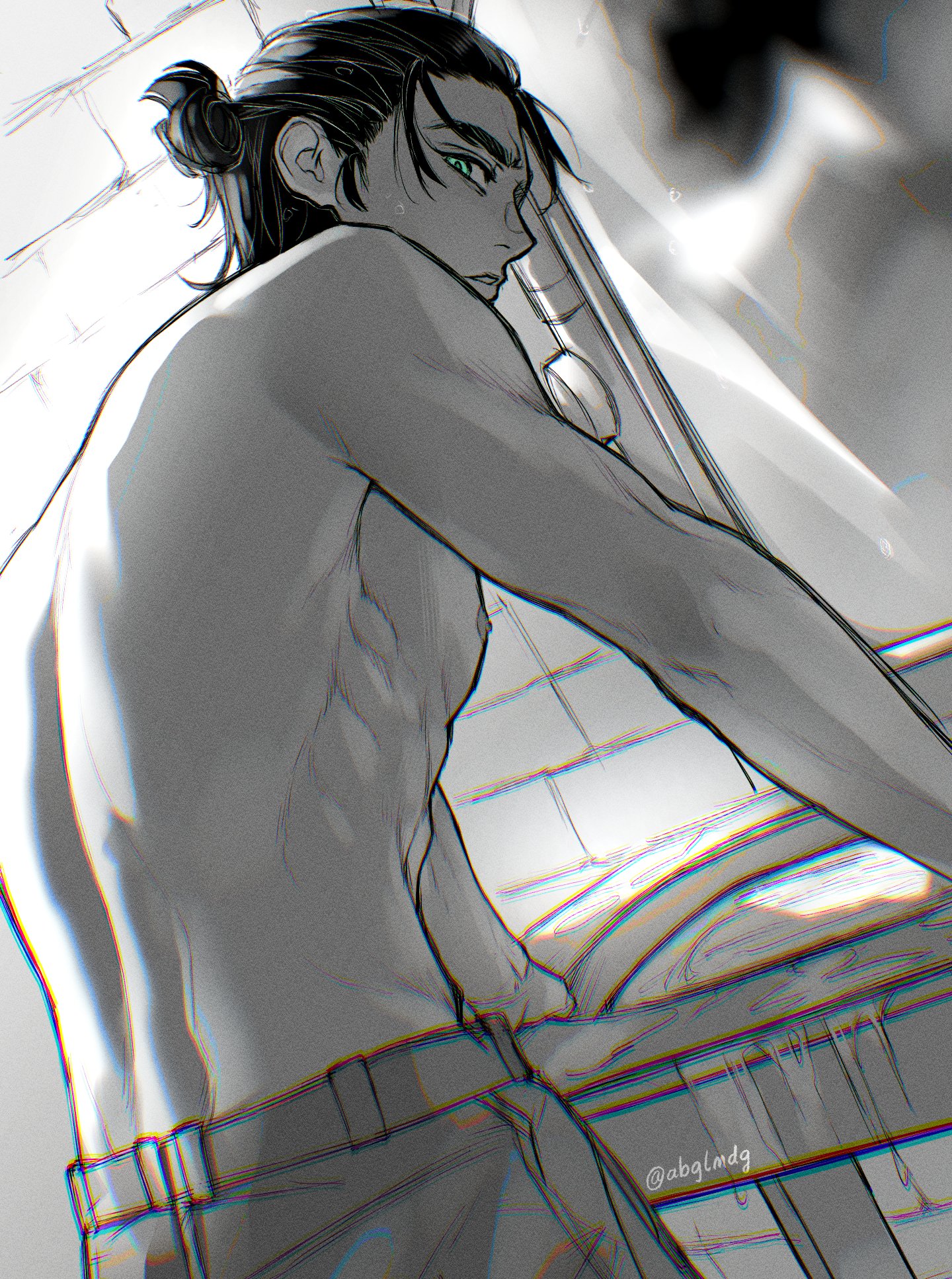 abglmdg, eren yeager, shingeki no kyojin, highres, 1boy, bathroom, brick wall, green eyes, hair bun, leaning forward, looking at viewer, male focus, pants, parted lips, short hair, solo, spot color, topless male, twitter username, updo, upper body