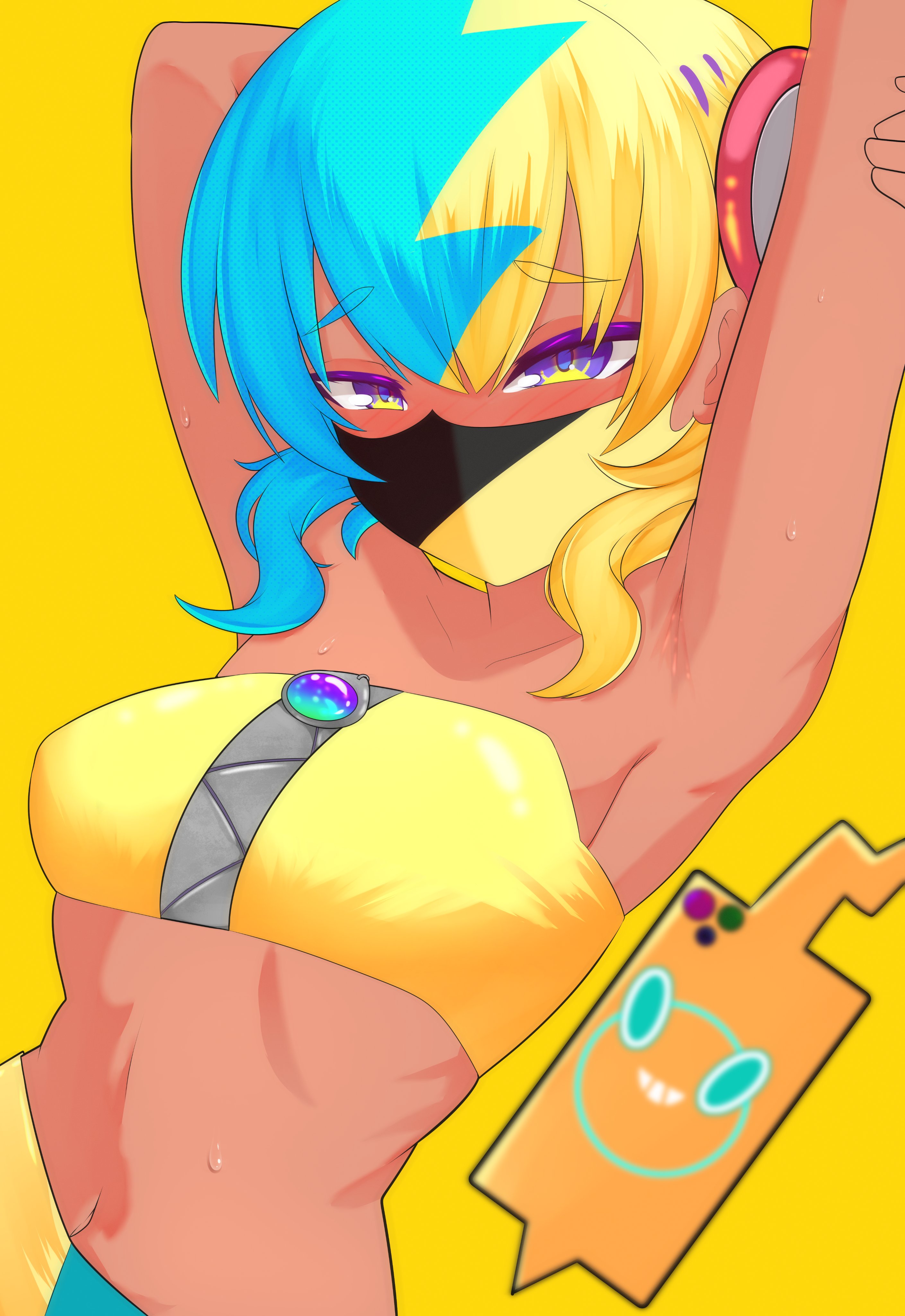 shion (shion aster), canari (pokemon), rotom, rotom phone, nintendo, pokemon, pokemon legends: z-a, absurdres, highres, 1girl, aqua hair, armpits, bandeau, black mask, blonde hair, blush, breasts, center-flap bangs, criss-cross halter, criss-cross straps, crop top, curly sidelocks, dark skin, gen 4 pokemon, halterneck, jacket, looking at viewer, mask, mega ring, mega stone, midriff, mouth mask, multicolored hair, navel, presenting armpit, short twintails, simple background, solo, split-color hair, sweat, twintails, two-tone hair, two-tone mask, yellow background, yellow bandeau, yellow jacket, yellow mask, zipper