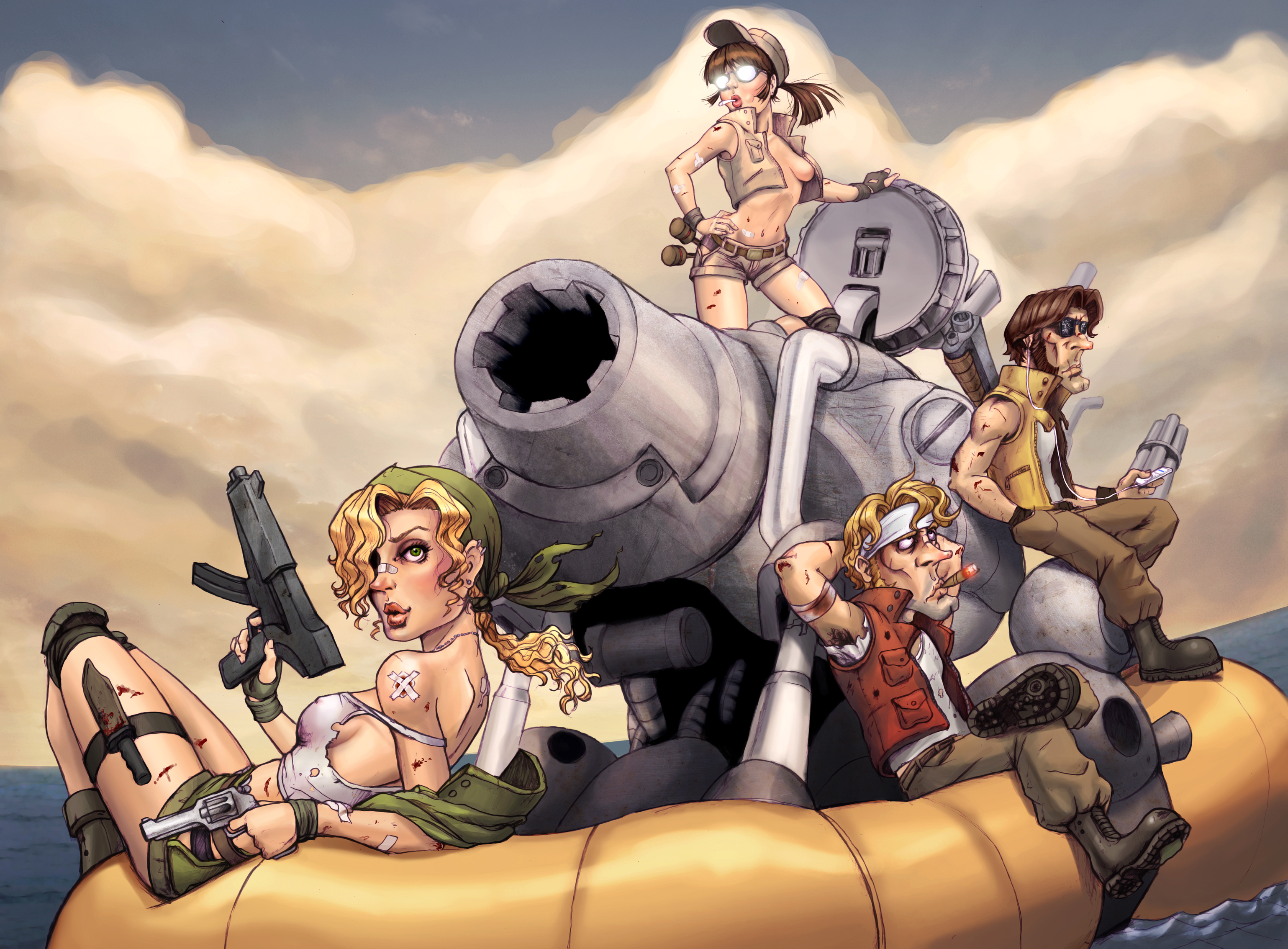 alxndr-art, fio germi, kasamoto eri, marco rossi, tarma roving, metal slug, metal slug 3, snk, vehicle, highres, spoilers, 2boys, 2girls, armpits, blonde hair, blood, boat, boots, breasts, cannon, cigar, cigarette, cuts, digital media player, dual wielding, explosive, gatling gun, glasses, good end, grenade, gun, handgun, hat, headband, holding, injury, ipod, jacket, medium breasts, midriff, military, military vehicle, motor vehicle, multiple boys, multiple girls, no bra, off shoulder, on boat, open clothes, open jacket, pistol, ponytail, revolver, short shorts, shorts, smoking, strap slip, submachine gun, sunglasses, sv001 (metal slug), sv001 (metalslug), tank, watercraft, weapon