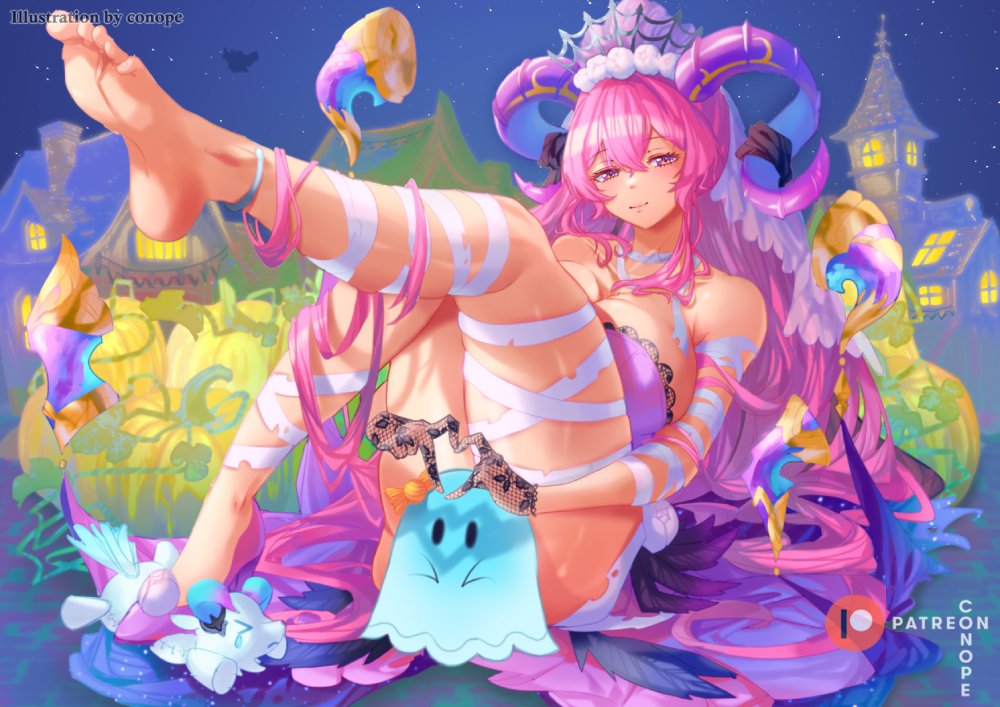 conope, nerthuz (divine abundance) (fire emblem), nerthuz (fire emblem), fire emblem, fire emblem heroes, nintendo, 1girl, bandaged arm, bandaged leg, bandages, bare shoulders, barefoot, blush, breasts, cleavage, closed mouth, convenient censoring, dress, four-finger heart hands, ghost, goat girl, goat horns, halloween, heart, heart hands, horns, large breasts, large horns, long hair, looking at viewer, official alternate costume, pink eyes, pink hair, purple eyes, purple horns, smile, solo, strapless, strapless dress, veil, very long hair, white veil
