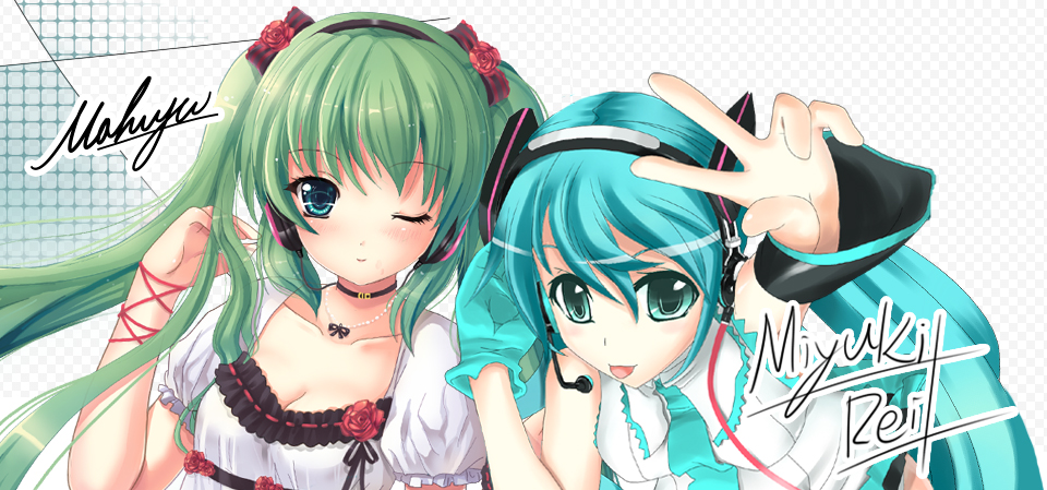 miyuki rei, sadakofxe, hatsune miku, melt (vocaloid), vocaloid, world is mine (vocaloid), artist collaboration, bad id, bad pixiv id, 2girls, blue eyes, blue hair, choker, dual persona, green eyes, green hair, hair ribbon, headphones, multiple girls, necktie, ribbon, twintails