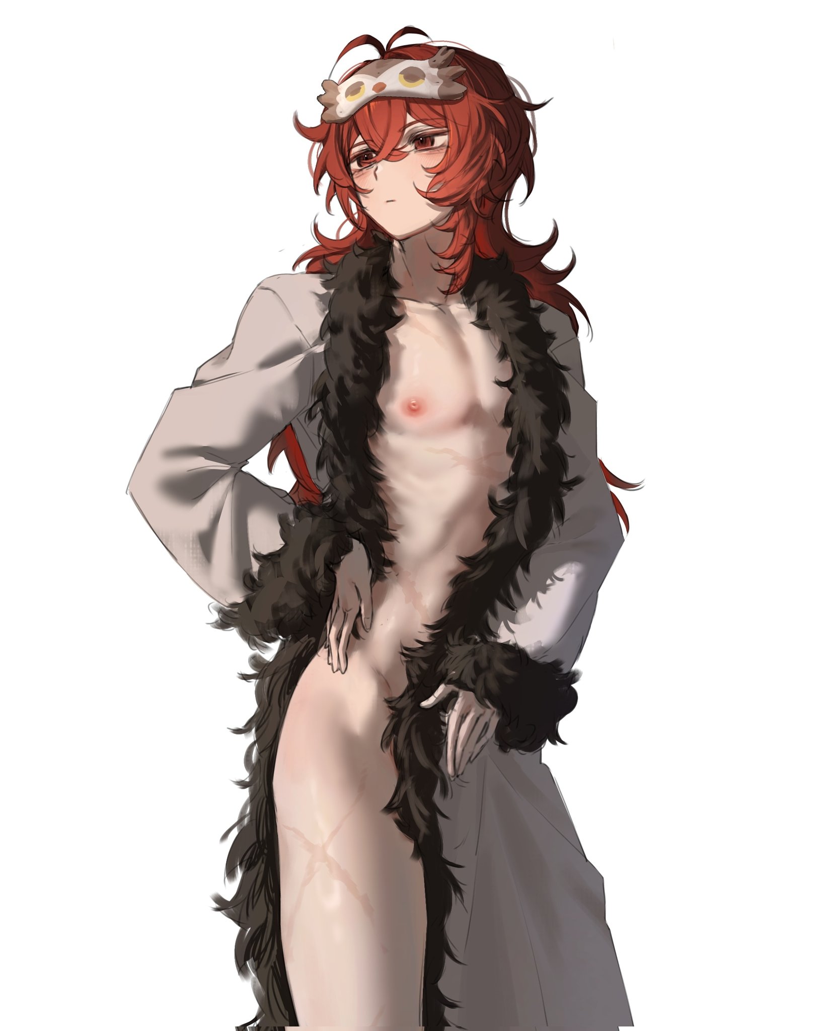 zehuij, diluc (genshin impact), genshin impact, commentary request, highres, 1boy, blush, closed mouth, coat, collarbone, cross scar, fur-trimmed coat, fur trim, hair between eyes, hand on own hip, long hair, male focus, naked coat, nipples, pectorals, red eyes, red hair, scar, scar on leg, solo, thighs