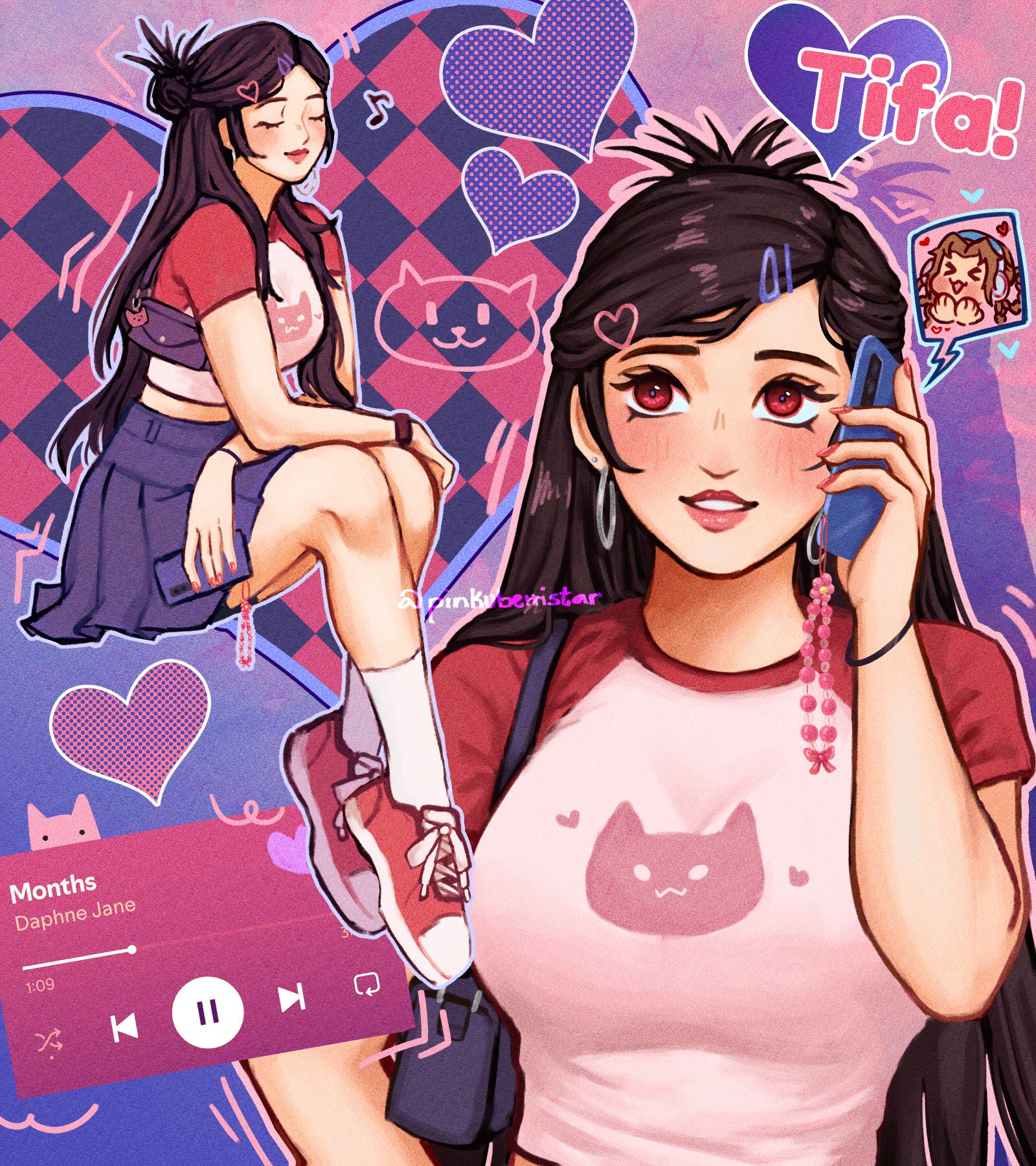 aerith gainsborough, tifa lockhart, final fantasy, final fantasy vii, highres, 1girl, alternate costume, bag, black hair, blue skirt, blush, breasts, brown hair, cat, character name, closed eyes, crop top, earrings, full body, hair ornament, hairclip, half updo, holding, holding phone, hoop earrings, jewelry, large breasts, midriff, music, parted lips, phone, pink shirt, pinkuberristar, pleated skirt, print shirt, red eyes, red shoes, shirt, shoes, short sleeves, shoulder bag, sitting, skirt, smile, sneakers, socks, swept bangs, talking on phone, twintails, upper body, white socks