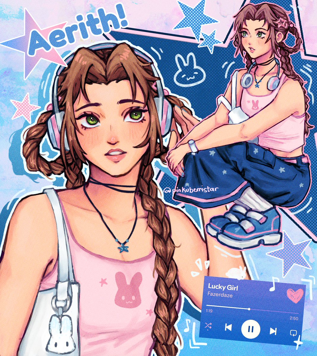 aerith gainsborough, final fantasy, final fantasy vii, highres, 1girl, alternate costume, bag, bare shoulders, blue shoes, blue skirt, braid, braided hair rings, brown hair, character name, crop top, full body, green eyes, hair rings, headphones, headphones around neck, jewelry, light blush, long hair, long skirt, midriff, necklace, parted lips, pink shirt, pinkuberristar, rabbit, shirt, shoes, shoulder bag, skirt, sleeveless, sleeveless shirt, socks, solo, squatting, twintails, upper body, watch, white socks, wristwatch