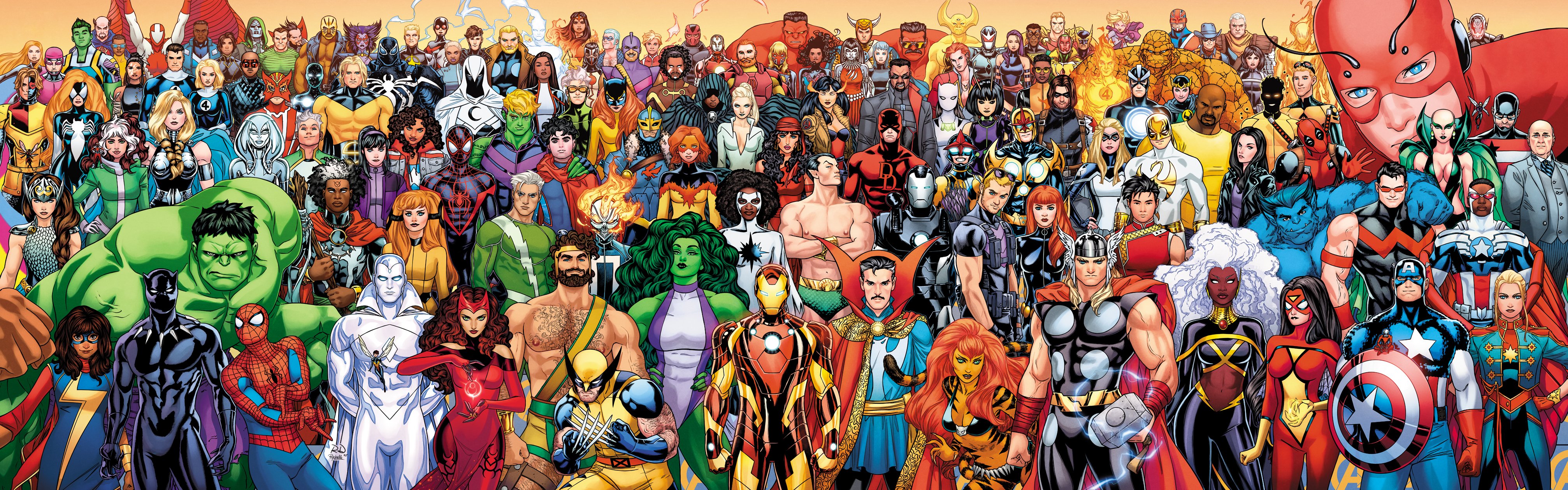 russell dauterman, agent venom, america chavez, ant-man, ava ayala, beast (x-men), black panther (marvel), black widow, blade (marvel), bucky barnes, cable (marvel), captain america, captain marvel, carol danvers, clint barton, cloak (marvel), crystal (marvel), dagger (marvel), daredevil, deadpool, doctor strange, elektra natchios, ghost rider, havok, hawkeye (marvel), hercules (marvel), hulk, hulkling, iron fist (marvel), iron man, janet van dyne, jessica drew, jessica jones, john walker (marvel), johnny storm, kamala khan, kate bishop, loki (marvel), luke cage, mantis (marvel), miles morales, monica rambeau, moon knight, moondragon, ms. marvel, namor, natasha romanoff, nova (marvel), peter parker, pietro maximoff, psylocke, quicksilver (marvel), reed richards, rogue (x-men), sam wilson, sandman (marvel), scarlet witch, sentry (marvel), she-hulk, spider-man, spider-man (miles morales), spider-woman, steve rogers, storm (x-men), sue storm, thor (marvel), tony stark, ultron, vision (marvel), wanda maximoff, war machine, wasp (marvel), white tiger (marvel), wiccan, winter soldier, wolverine (x-men), avengers (series), black panther (series), blade (series), captain america (series), deadpool (series), doctor strange (series), fantastic four, ghost rider (series), guardians of the galaxy, inhumans, marvel, marvel rivals, spider-man (series), thor (marvel) (series), x-men, young avengers, absurdres, highres, 6+boys, 6+girls, amadeus cho (marvel), animal print, arc reactor, arm hair, armor, beard, black hair, blue bodysuit, blue skin, bodysuit, breasts, cape, captain britain, checkered cloak, claw (weapon), cloak, colored bangs, colored skin, crescent ornament, danny rand, dark-skinned female, dark skin, domino mask, earrings, echo (marvel), elbow gloves, eye mask, facial hair, fire, flaming skull, gloves, green bodysuit, green skin, halter leotard, halterneck, hammer, hank pym, headband, highleg, highleg leotard, husband and wife, jewelry, large breasts, leotard, lightning bolt earrings, lightning bolt symbol, long hair, looking at viewer, mask, mjolnir (marvel), moon tattoo, multicolored armor, multicolored bodysuit, multiple boys, multiple girls, muscular, muscular male, mystical high collar, pointy ears, power armor, prosthesis, prosthetic arm, purple eyes, purple hair, purple leotard, red bodysuit, red cloak, red hulk, shang-chi, shield, skull, skull head, speed (marvel), spider print, spider web print, superhero costume, sword, symbiote, tattoo, two-tone bodysuit, very dark skin, weapon, white bodysuit, white cape, white eyes, white hair, white mask, wings, yellow armor, yellow bodysuit, yellow mask