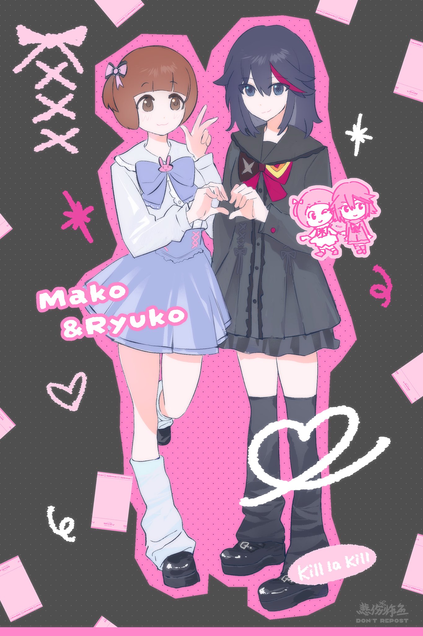 beishang zha yu, mankanshoku mako, matoi ryuuko, senketsu, kill la kill, highres, 2girls, :3, black background, black dress, black eyes, black skirt, black socks, blue bow, blue bowtie, blue skirt, bow, bowtie, brown eyes, character cutout, character name, chibi, chibi inset, copyright name, dress, heart, heart hands, heart hands duo, high-waist skirt, loose socks, multiple girls, pink background, red bow, red bowtie, short hair, skirt, smile, socks, two-tone background, w, white socks, x (symbol), yuri