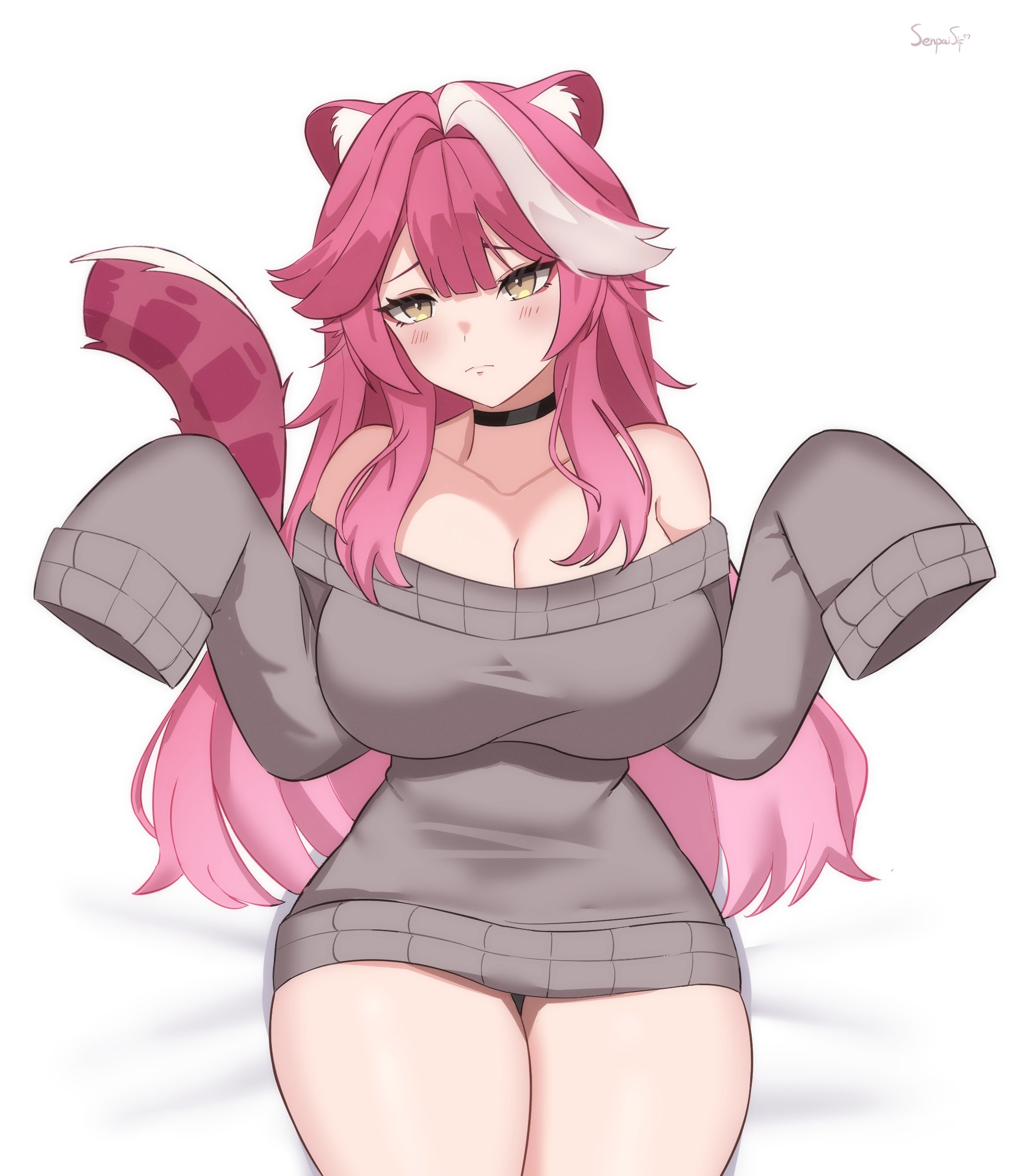 senpaisif, raora panthera, hololive, hololive english, commentary, english commentary, highres, 1girl, animal ears, artist name, black choker, blush, breasts, choker, cleavage, closed mouth, collarbone, eyeshadow, grey sweater, hair intakes, huge breasts, long hair, long sleeves, makeup, multicolored hair, off-shoulder sweater, off shoulder, panther ears, panther girl, panther tail, pink eyeshadow, pink hair, pink tail, simple background, sleeves past fingers, sleeves past wrists, solo, streaked hair, sweater, tail, thighs, two-tone hair, very long sleeves, virtual youtuber, white background, yellow eyes