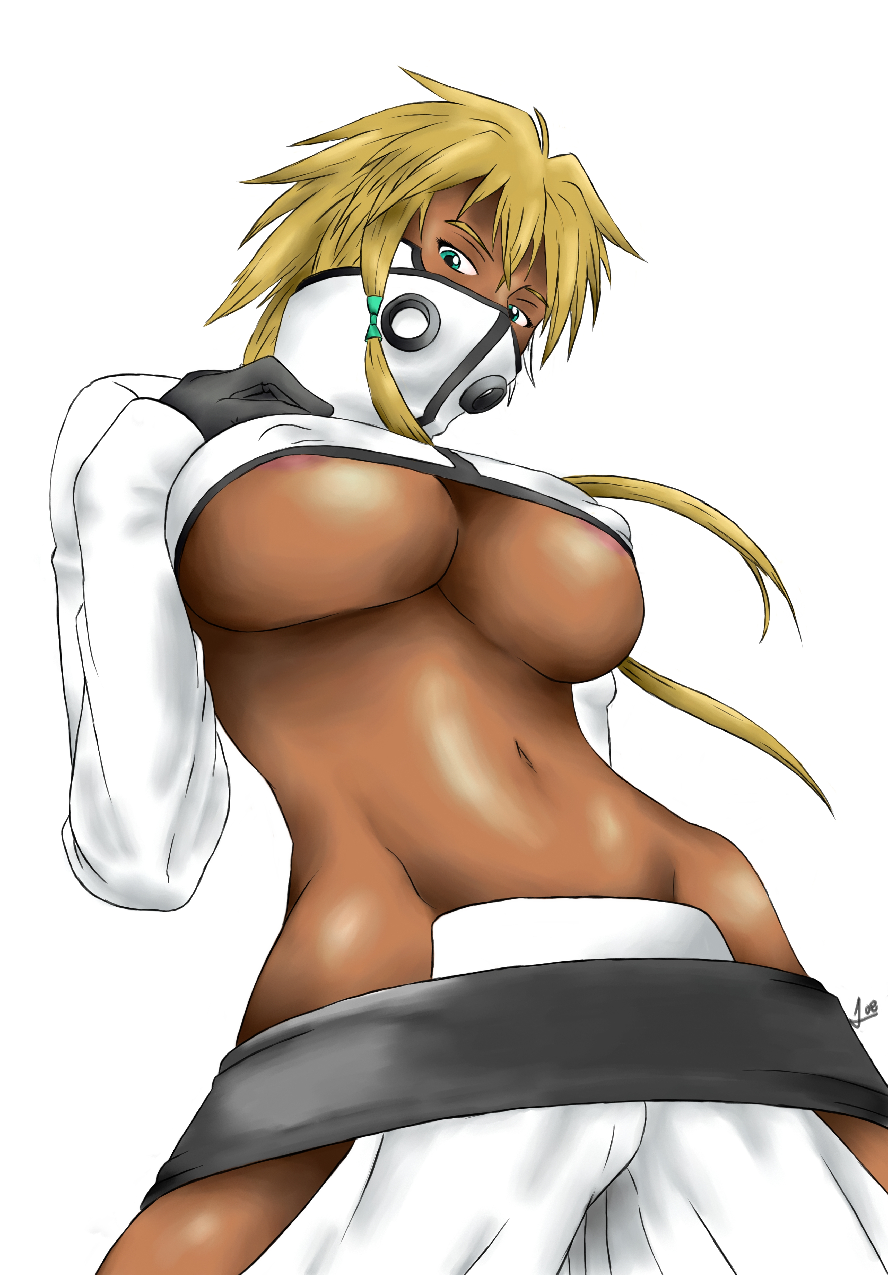 feast-away, tier harribel, bleach, absurdres, derivative work, highres, 00s, 1girl, arrancar, blonde hair, breast suppress, breasts, dark-skinned female, dark skin, female focus, green eyes, hollow (bleach), huge breasts, navel, number tattoo, revealing clothes, solo, tattoo, toned, toned female, underboob