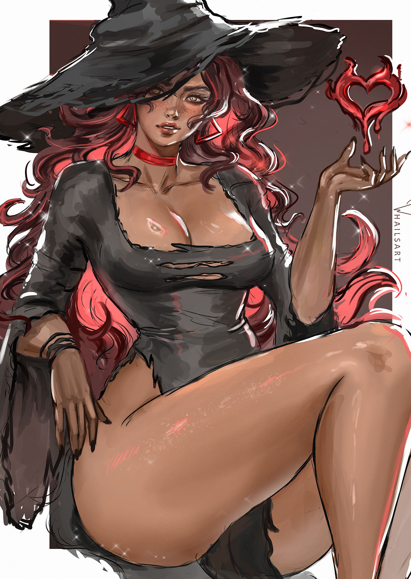 whails, scarlet witch, wanda maximoff, avengers (series), marvel, marvel rivals, highres, 1girl, breasts, brown hair, dress, jewelry, long hair, looking at viewer, magic, medium breasts, simple background, smile, solo, thighs, witch
