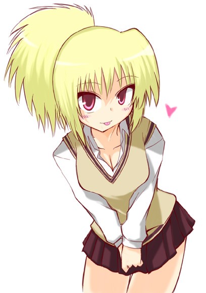 hane (hanegoya), chiba kirino, bamboo blade, blonde hair, blush, breasts, long hair, red eyes, school uniform, skirt, solo