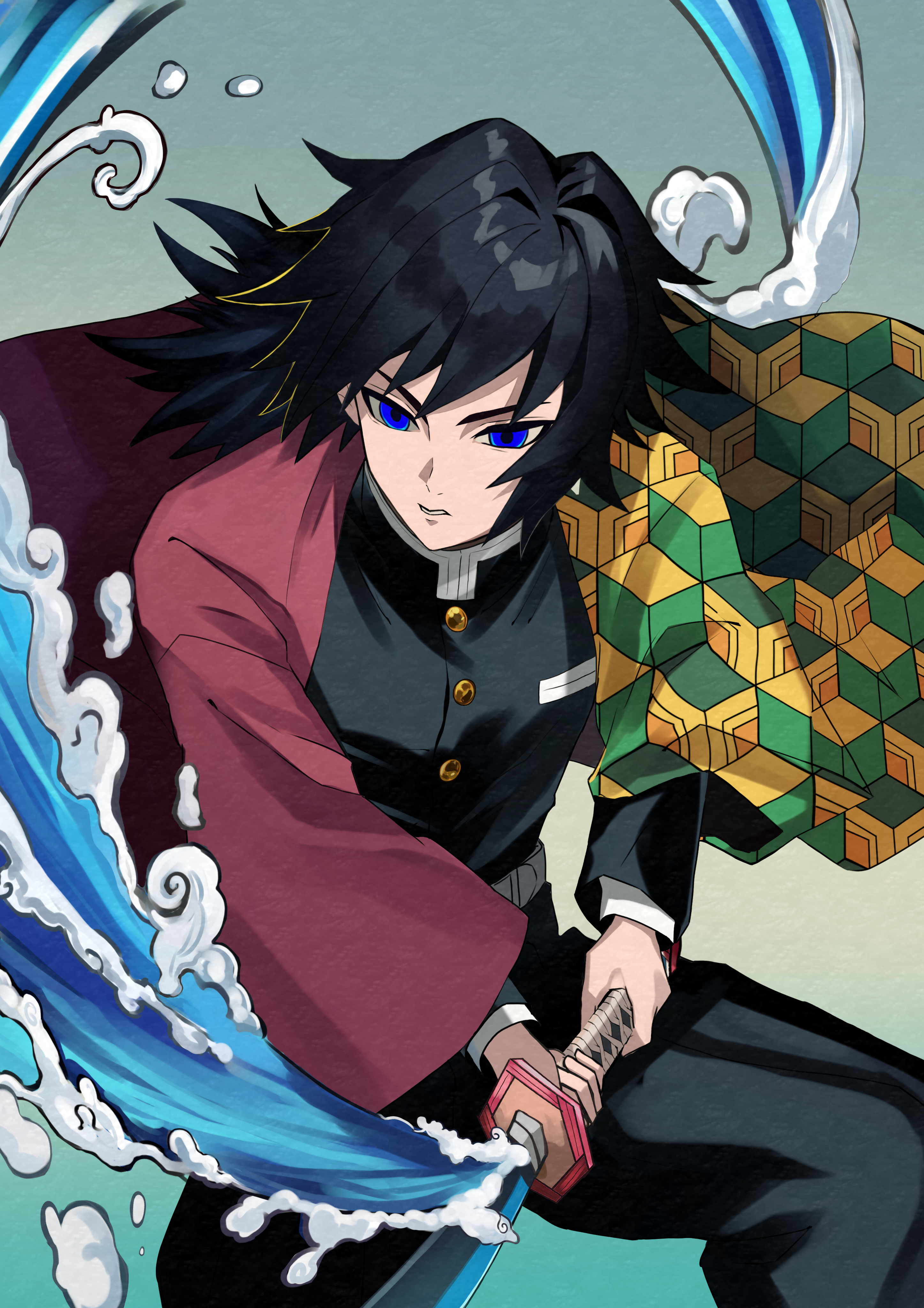 miei, tomioka giyuu, kimetsu no yaiba, absurdres, highres, 1boy, belt, black hair, black jacket, black pants, blue eyes, buttons, demon slayer uniform, empty eyes, gold buttons, haori, high collar, holding, holding sword, holding weapon, jacket, japanese clothes, katana, kikkoumon, low ponytail, male focus, pants, parted lips, ponytail, print haori, red haori, solo, spiked hair, sword, teeth, water, weapon, white belt