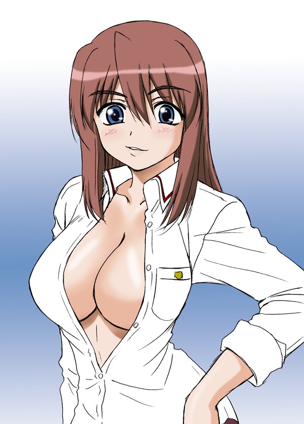 kuwahara sayako, bamboo blade, 00s, 1girl, blue eyes, blush, breasts, brown hair, cleavage, female focus, gradient background, large breasts, no bra, solo