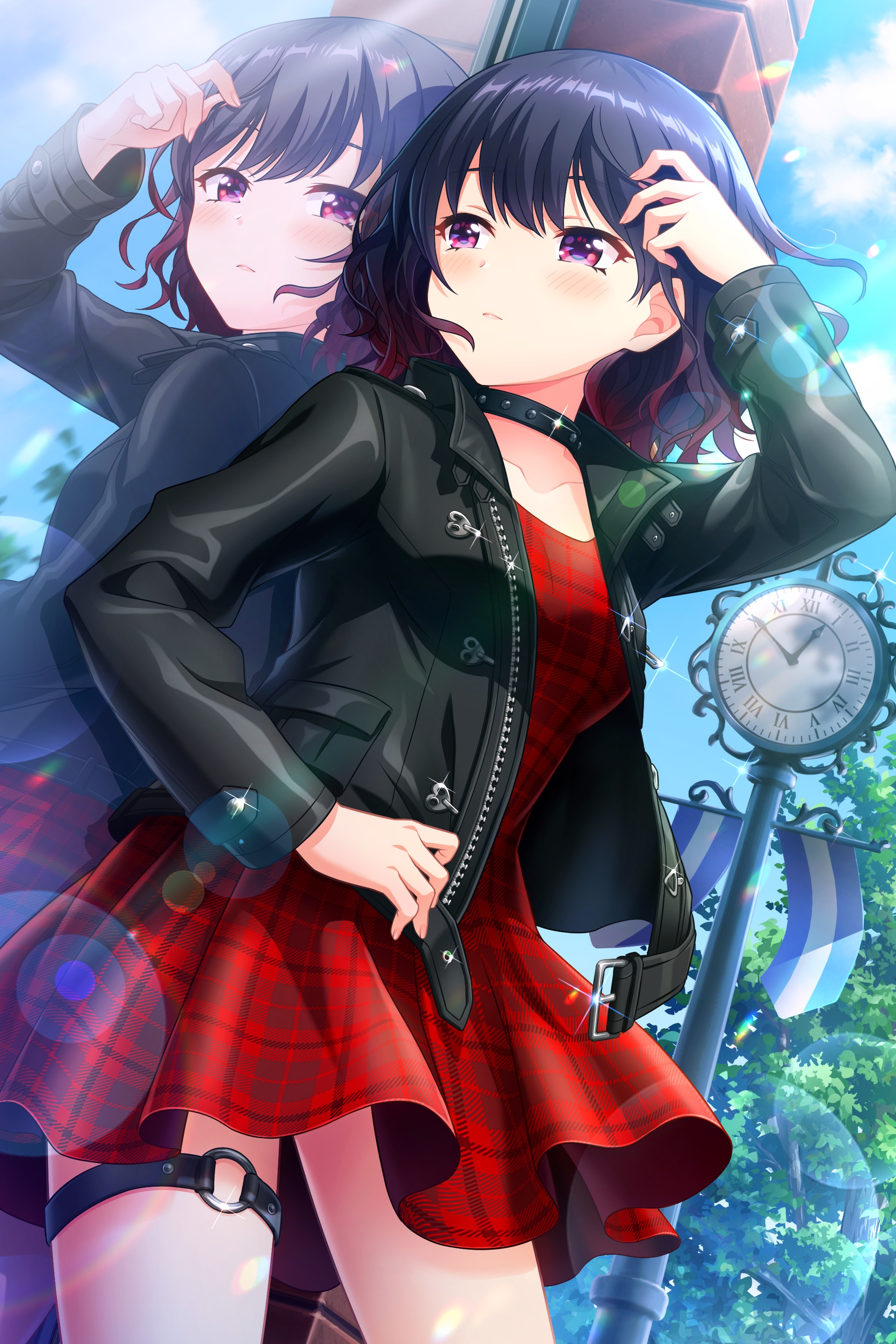 onitsuka chiho, alternative girls, absurdres, commentary request, highres, official art, second-party source, 1girl, adjusting hair, alternate hairstyle, analog clock, arm up, banner, belt buckle, black choker, black hair, black jacket, blue sky, blush, breasts, buckle, choker, clock, closed mouth, cloud, collarbone, day, dress, dutch angle, gradient hair, jacket, leather, leather jacket, lens flare, long sleeves, looking at reflection, medium breasts, multicolored hair, o-ring, o-ring thigh strap, outdoors, plaid clothes, plaid dress, purple eyes, purple hair, red dress, reflection, short hair, sky, solo, sparkle, studded choker, thigh strap, tree, unzipped, wavy hair, window