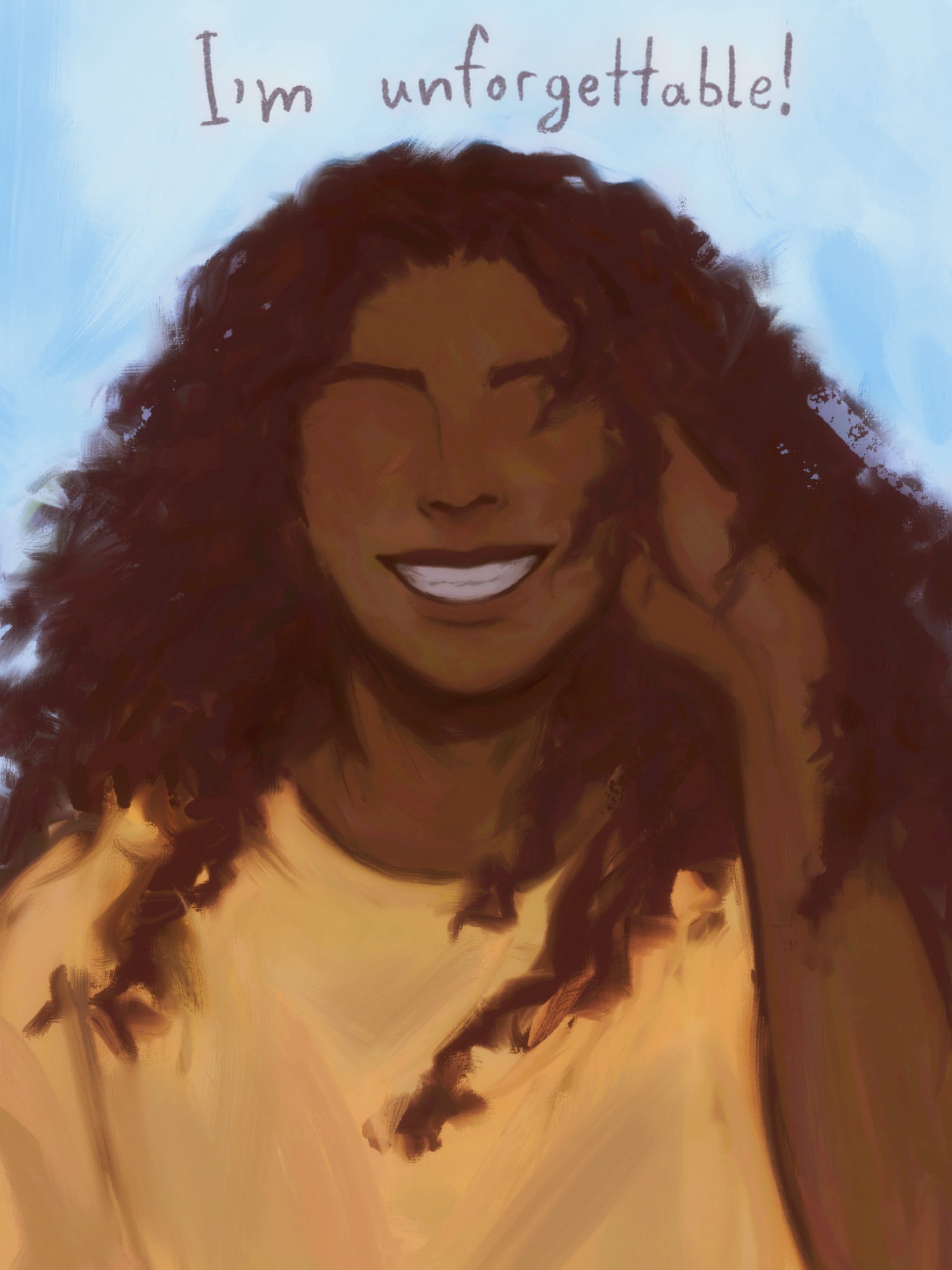 the magnus archives, highres, !, 1girl, brown hair, curly hair, dark-skinned female, dark skin, design speculation, friszil, grin, lips, long hair, no eyes, nose, painterly, realistic, sasha james, shirt, smile, solo, very dark skin, yellow shirt