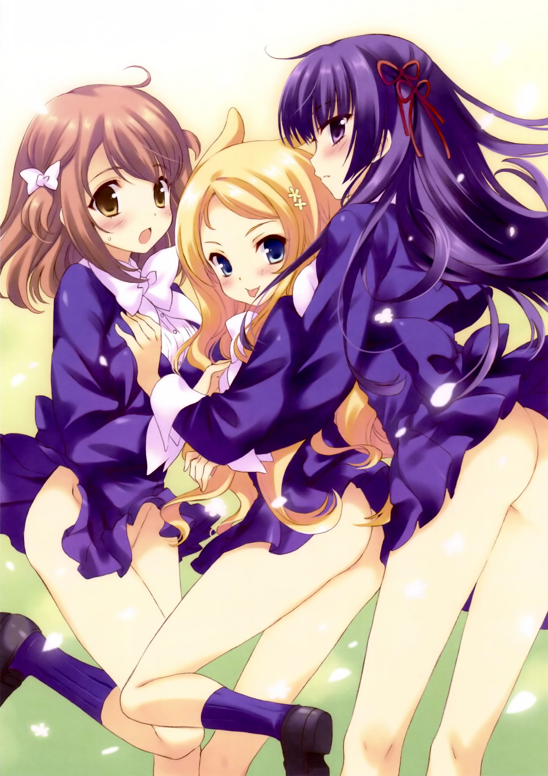qp:flapper, ingrid (seiken no faeries), kobanakawa yuri, kuzumi chizuru, seiken no faeries, absurdres, highres, 3girls, :p, ass, blush, clothes lift, groping, hair ribbon, multiple girls, no panties, ribbon, shoes, skirt, skirt lift, socks, tongue, tongue out