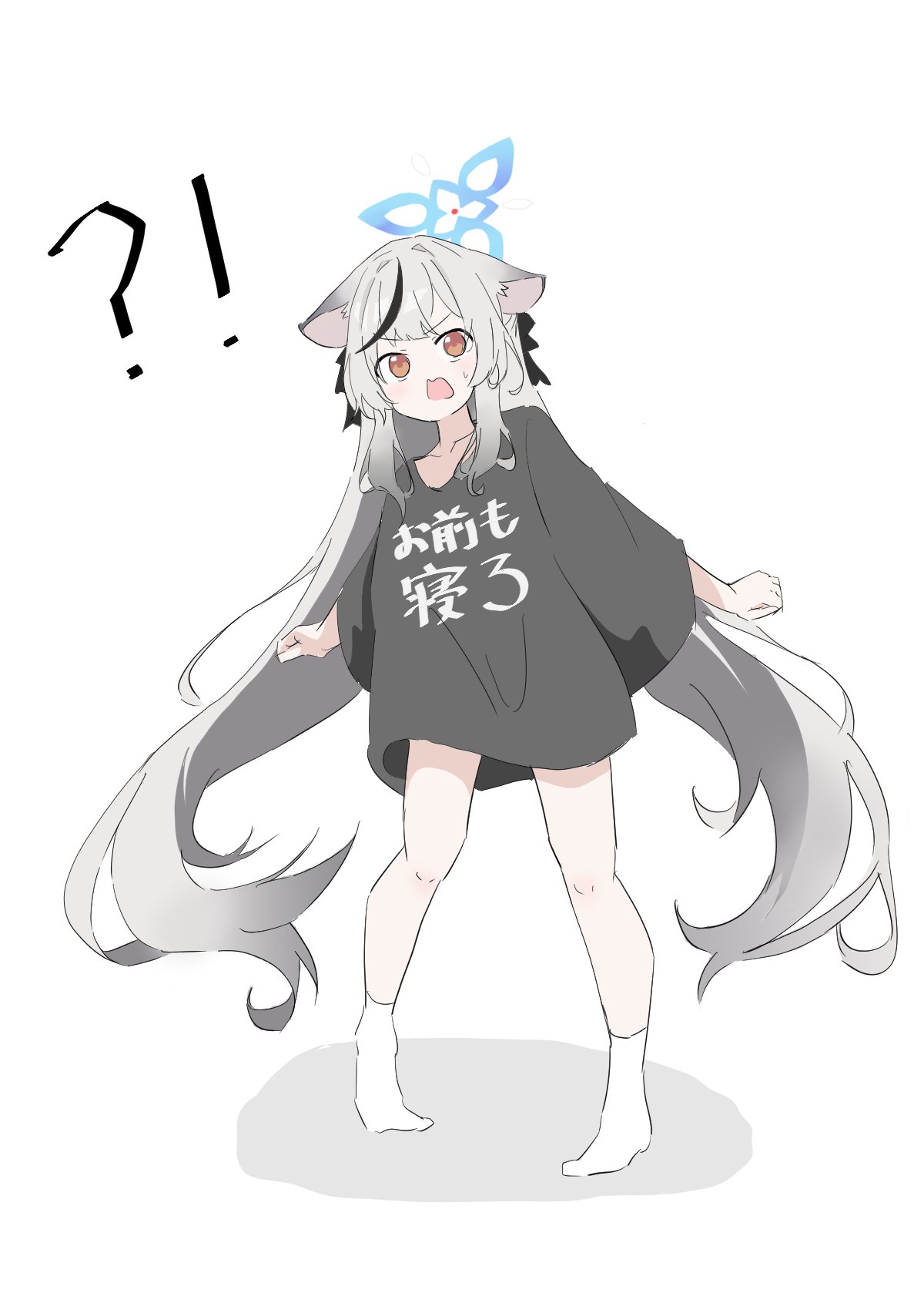 tovjiw6kok72805, kokona (blue archive), blue archive, commentary request, highres, !?, 1girl, animal ears, bare arms, bare legs, black hair, black shirt, blue halo, breasts, clothes writing, collarbone, gradient hair, grey hair, hair between eyes, hair ornament, halo, long hair, looking at viewer, multicolored hair, orange eyes, outstretched arms, oversized clothes, shirt, simple background, socks, straight hair, streaked hair, tiger ears, two-tone hair, v-shaped eyebrows, very long hair, wavy mouth, white background, white socks