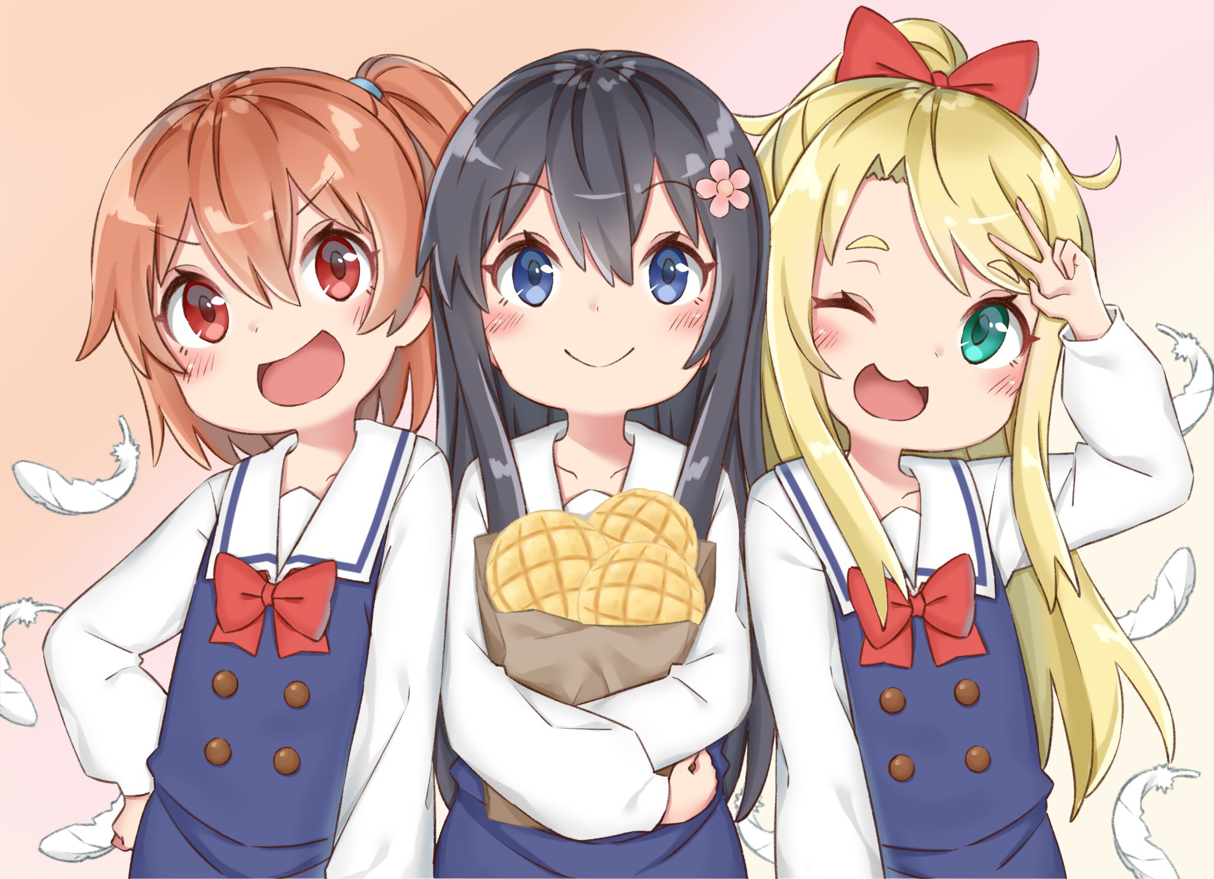 shikinagi, himesaka noa, hoshino hinata, shirosaki hana, watashi ni tenshi ga maiorita!, highres, basket, black hair, blue dress, blue eyes, blush, bow, bread, brown eyes, brown hair, closed mouth, dress, feathers, flower, food, green eyes, hair bow, hair flower, hair ornament, hand on own hip, high ponytail, long hair, melon bread, one eye closed, open mouth, pink flower, ponytail, red bow, red eyes, sailor collar, sailor dress, school uniform, shirt, smile, very long hair, white feathers, white sailor collar, white shirt, white wings, wings