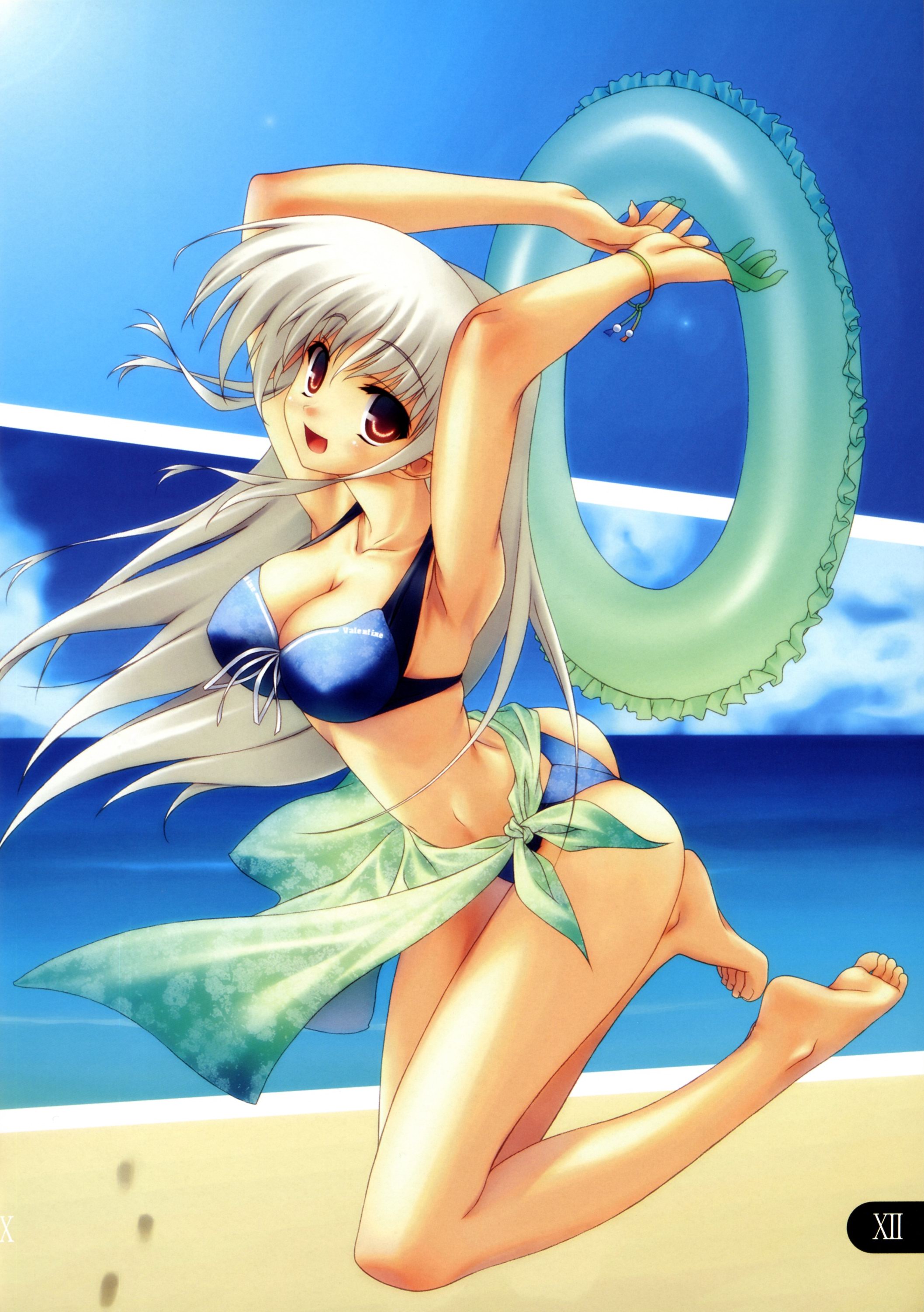 miyatsuki itsuka, absurdres, highres, barefoot, bikini, breasts, day, feet, innertube, large breasts, red eyes, solo, swim ring, swimsuit, white hair