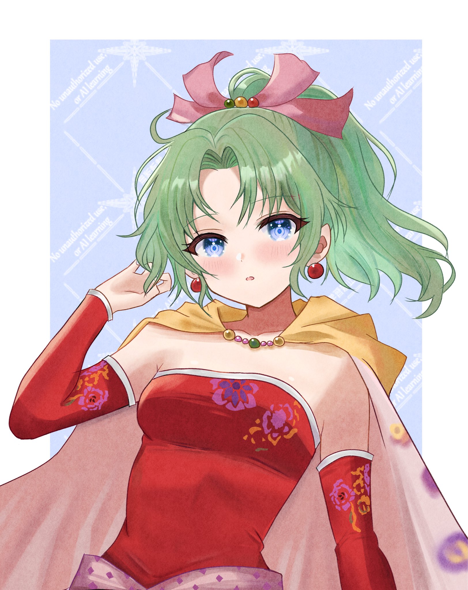 yua 666666, tina branford, final fantasy, final fantasy vi, highres, 1girl, blue background, blue eyes, blush, border, breasts, cape, detached sleeves, dress, earrings, hair ribbon, hand in own hair, jewelry, long hair, medium breasts, parted bangs, parted lips, pink ribbon, ponytail, red dress, red sleeves, ribbon, sash, solo, strapless, strapless dress, tube dress, upper body, waist sash, white border, yellow cape